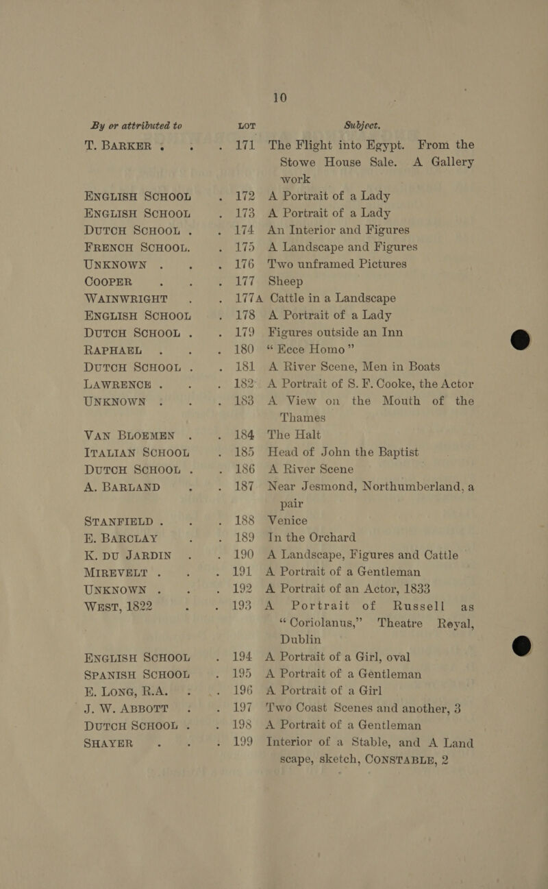 ENGLISH SCHOOL ENGLISH SCHOOL DUTCH SCHOOL . FRENCH SCHOOL. UNKNOWN COOPER WAINWRIGHT ENGLISH SCHOOL RAPHAEL LAWRENCE . UNKNOWN VAN BLOEMEN ITALIAN SCHOOL A. BARLAND STANFIELD . E. BARCLAY K. DU JARDIN MIREVELT . UNKNOWN WEST, 1822 ENGLISH SCHOOL SPANISH SCHOOL E. LONG, R.A. J. W. ABBOTT DUTCH SCHOOL . SHAYER 10 171 The Flight into Egypt. From the Stowe House Sale. A Gallery work 172 A Portrait of a Lady 173 A Portrait of a Lady 174 An Interior and Figures 175 A Landscape and Figures 176 Two unframed Pictures 177 Sheep 177A Cattle in a Landscape 178 <A Portrait of a Lady 179 Figures outside an Inn 180 “ Kece Homo” i181 A River Scene, Men in Boats 182° A Portrait of 8. F. Cooke, the Actor 183 A View on the Mouth of the Thames 184 The Halt 185 Head of John the Baptist 186 <A River Scene | 187 Near Jesmond, Northumberland, a pair 188 Venice 189 In the Orchard 190 A Landscape, Figures and Cattle 191 A Portrait of a Gentleman 192. A Portrait of an Actor, 1833 193 “AY Portrait’ of Russell as “ Coriolanus,’ Theatre Reyal, Dublin 194 A Portrait of a Girl, oval 195 A Portrait of a Gentleman 196 A Portrait of a Girl 197 ‘Two Coast Scenes and another, 3 198 A Portrait of a Gentleman 199 Interior of a Stable, and A Land scape, sketch, CONSTABLE, 2  