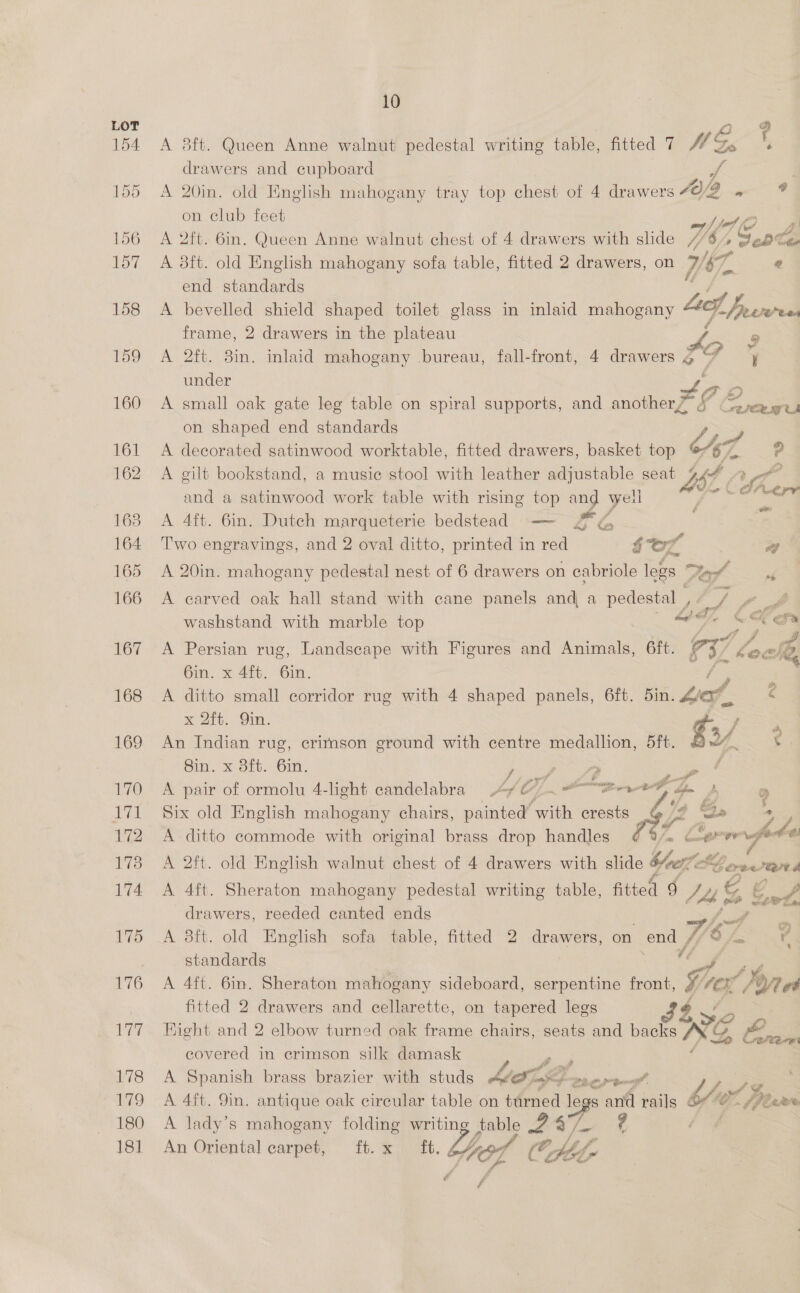 A 5ft. Queen Anne walnut pedestal writing table, fitted 7 HS drawers and cupboard < : A 20in. old English mahogany tray top chest of 4 drawers Ne, ee on club feet A 2ft. 6in. Queen Anne walnut chest of 4 drawers with slide WS Co Le A 38ft. old English mahogany sofa table, fitted 2 drawers, on Vor (vi @ end standards A bevelled shield shaped toilet glass in inlaid mahogany AS. reve frame, 2 drawers in the plateau L @ A 2ft. 8in. inlaid mahogany bureau, fall-front, 4 drawers g G ' under We te A small oak gate leg table on spiral supports, and another?” a Se on shaped end standards Lif A decorated satinwood worktable, fitted drawers, basket top oo; Wis ? A gilt bookstand, a music stool with leather adjustable seat 4. Pa and a satinwood work table with rising top and weil — Sher A 4ft. 6in. Dutch marqueterie bedstead —— LS Two engravings, and 2 oval ditto, printed in red for a A 20in. mahogany pedestal nest of 6 drawers on cabriole legs Vat, A carved oak hall stand with cane panels and a pedestal , ff Sf washstand with marble top 4d a he A Persian rug, Landscape with Figures and Animals, 6ft. F5 Kocke 6in. x 4ft. 6in. <5 ) A ditto small corridor rug with 4 shaped panels, 6ft. din. Led. « x Att. Sim: — An Indian rug, crirnson ground with centre medallion, 5ft. of, ¢% 8in. x 3ft. 6in. das 2 aS A pair of ormolu 4-light candelabra 4, OL. aa, OS ry ot vj a ye 2 Six old English mahogany chairs, painted ar crests id A ditto commode with original brass drop handles IW Lan snufbe A 2ft. old English walnut chest of 4 drawers with slide Veer ey Conrail A 4ft. Sheraton mahogany pedestal writing table, fitted 9 1 LL the G§ &amp; ia drawers, reeded canted ends i A 3ft. old English sofa table, fitted 2 drawers, on end Wet = 4 standards cs Ler A 4ft. 6in. Sheraton mahogany sideboard, serpentine front, ECE id Voyret fitted 2 drawers and cellarette, on tapered legs 3ty Hight and 2 elbow turned oak frame chairs, seats and backs NG , Ros covered in crimson silk damask pa A Spanish brass brazier with studs ee cafe Oe a ; A 4ft. 9in. antique oak circular table on turned le 1S a ‘eis Yer e #4 Piarve A lady’s mahogany folding writing table 767. ? An Oriental carpet, ft.x ft, Yes CG thf, tar ef f