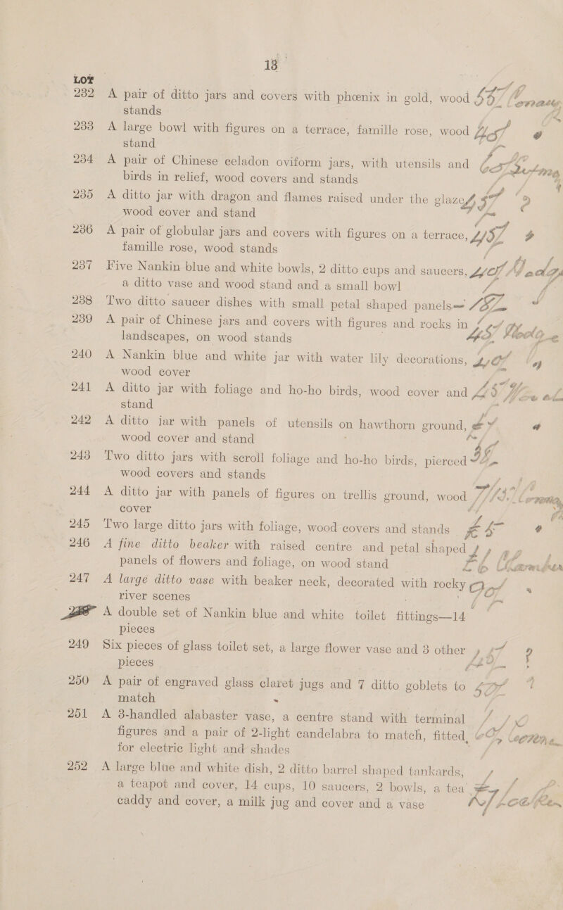 1s  LOT at! LP 232 A pair of ditto jars and covers with pheenix in gold, wood 4 Sa Wetman stands 2 233 A large bowl with figures on a terrace, famille rose, wood st g stand f 3, 234 A pair of Chinese celadon oviform jars, with utensils and CTA pe birds in relief, wood covers and stands Ly ye 235 A ditto jar with dragon, and flames raised under the glazey 7 ? wood cover and stand me 236 A pair of globular jars and covers with figures on a terrace YE f famille rose, wood stands he 237 Five Nankin blue and white bowls, 2 ditto cups and saucers, MD: f, Ge GA a ditto vase and wood stand and a small bow] fi A 238 Two ditto saucer dishes with small petal shaped panels~m— JEL. * 239 A pair of Chinese jars and covers with figures and rocks in | landscapes, on wood stands 4S ye 240 A Nankin blue and white jar with water lily decorations, Lor - wood cover ees #41 A ditto jar with foliage and ho-ho birds, wood cover and Fd 9 bt be ad. stand ie 242 A ditto jar with panels of utensils on hawthorn eround, ey «@ wood cover and stand “Sa 243 Two ditto jars with scroll foliage and ho-ho birds, pierced IE. wood covers and stands fa 244 A ditto jar with panels of figures on trellis ground, wood , Ves Teta, cover fe 245 Two large ditto jars with foliage, wood covers and stands fe ? 246 A fine ditto beaker with raised centre and petal eee, : panels of flowers and foliage, on wood stand A &amp; Marmcden 247 A large ditto vase with beaker neck, decorated with why Oy oS a river scenes (= FF * double set of Nankin blue and white toilet fttingso1d pieces ; 249 Six pieces of glass toilet set, a large flower vase and 8 other , 47, ? pieces a 250 A pair of engraved glass claret jugs and 7 ditto goblets to Kir 7 match . 251 <A 8-handled alabaster vase, a centre stand with terminal i puke figures and a pair of 2-light candelabra to match, fitted, oy OPFOn a, for electric light and shades ; 252 A large blue and white dish, 2 ditto barrel shaped tankards, ra caddy and cover, a milk jug and cover and a vase rs fpOO Ken,