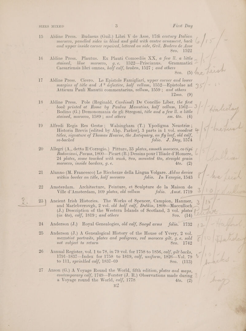 )CAD 4  15 16 17 18 1 20 21 24 25 26 Aldine Press. Budaeus (Guil.) Libri V de Asse, 17th century Italian morocco, panelled sides in blind and gold with centre ornament, back and upper inside corner repaired, lettered on side, Guil. Budevs de Asse 8vo. 1522 stained, blue morocco,. g.e. 1522—Priscianus. Grammatici Caesariensis libri omnes, half calf, broken, 1527 ; and others Aldine Press. Cicero. Le Epistole Famigliari, upper corner and lower Atticum Pauli Manutii commentarius, vellum, 1559; and others 12mo. (9) Aldine Press. Pole (Reginald, Cardinal) De Concilio Liber, the first Bodino (G.) Demonomania de gli Stregoni, title and a few Il. a little stained, morocco, 1589 ; and others sm. 4to. (4) Alfredi Regis Res Geste; Walsingham (T.) Ypodigma Neustrie ; Historia Brevis [edited by Abp. Parker], 3 parts in 1 vol. woodcut titles, signature of Thomas Hearne, the Antiquary, on fly leaf, old calf, re-backed folio. J. Day, 1574 Allegri (A., detto Il Corregio.) Pitture, 33 plates, smooth morocco, co tupr Bodoniani, Parma, 1800—Picart (B.) Dessins pour l’Iliade d’ Homere, 24 plates, some touched with wash, 8vo, mounted 4to, straight grain morocco, unside borders, g. e. 4to. (2) Alunno (M. Francesco) Le Ricchezze della Lingua Volgare. Aldus device within border on title, half morocco folio. In Venegra, 1548 Amsterdam. Architecture, Peinture, et Sculpture de la Maison de Ville d’Amsterdam, 109 plates, old vellum folto. Amst. 1719 Ancient Irish Histories. The Works of Spencer, Campion, Hanmer, and Marlebvrrovgh, 2 vol. old half calf, Dublin, 1809—Macculloch (J.) Description of the Western Islands of Scotland, 3 vol. plates (in 4to), calf, 1819; and others Svo. (14) Anderson (J.) Royal Genealogies, old calf, Sneyd arms folio. 1732 Anderson (J.) A Genealogical History of the House of Yvery, 2 vol. mezzotint portraits, plates and pedigrees, red morocco gilt, g.e. sold not subject to return 8vo. 1742 Annual Register, vol. 1 to 78, in 79 vol. for 1758 to 1856, calf, gilt backs, 1791-1837—Index for 1758 to 1819, calf, uniform, 1826—Vol. 79 to 111, sprinkled calf, 1837-69 8vo. (113) Anson (G.) A Voyage Round the World, fifth edition, plates and maps, contemporary calf, 1749—Forster (J. R.) Observations made during a Voyage round the World, calf, 1778 4to. (2) B2 eee fs La’ Pie ~