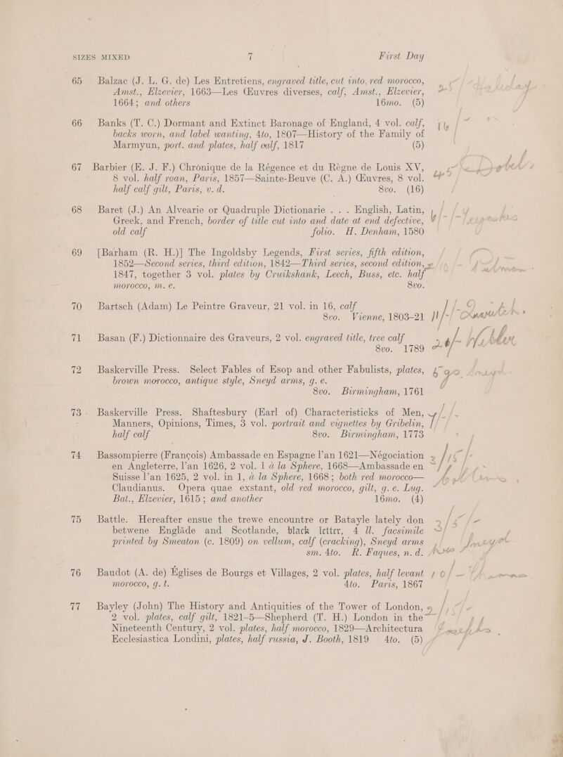 65 69 70 71 72 74 75 76 cui 1 1664; and others (5) Marmyun, port. and plates, half calf, 1817 (5) half calf gilt, Paris, v. d. Svo. (16) MOYrOCcCcO, IN. €. Bartsch (Adam) Le Peintre Graveur, 21 vol. in 16, calf 8vo. Svo. 1789 brown morocco, antique style, Sneyd arms, g. &amp;. Bat., Elzevier, 1615; and another (4) morocco, g. t. 4to. Ececlesiastica Londini, plates, half russie, J. Booth, 1819 (5) aah} Sih VLA LEH