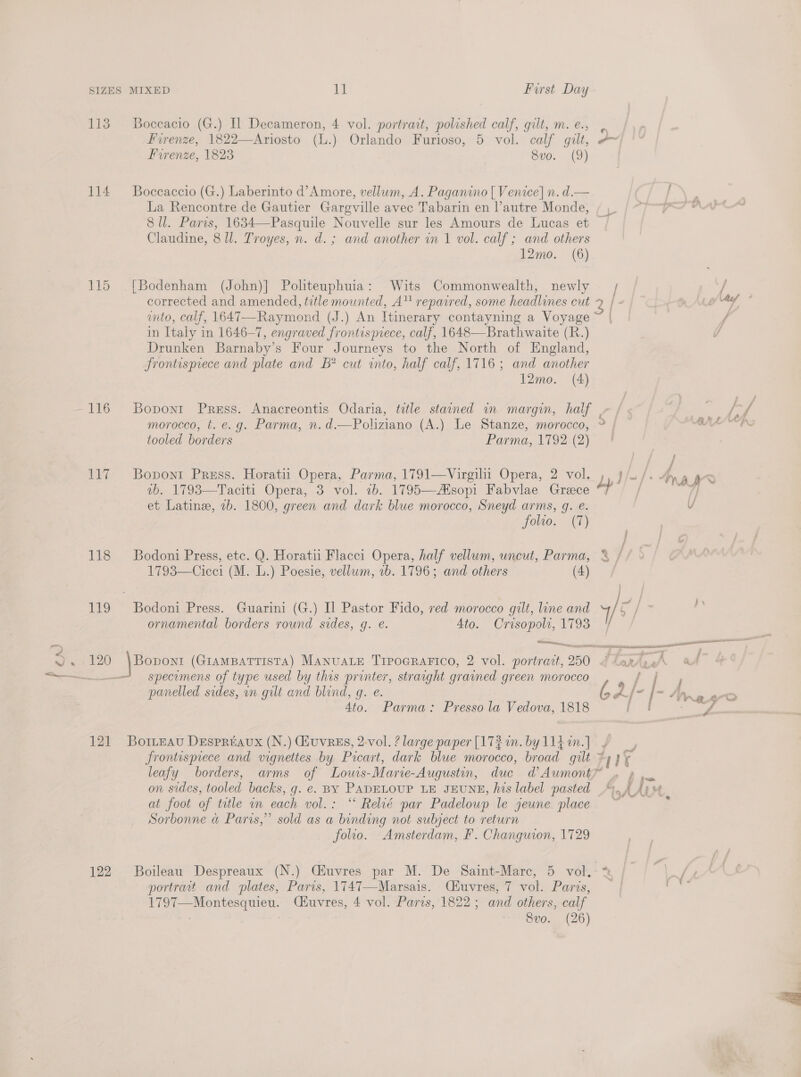 SIZES MIXED 1] Furst Day 113 Boccacio (G.) Il Decameron, 4 vol. portrait, polished calf, gilt, m. e., Cy) Firenze, 1823 8vo. (9) 114 Boccaccio (G.) Laberinto d’Amore, vellum, A. Paganino [ Venice] n. d.— La Rencontre de Gautier Gargville avec Tabarin en autre Monde, 8 ll. Paris, 1634—Pasquile Nouvelle sur les Amours de Lucas et Claudine, 8 ll. Troyes, n. d.; and another in 1 vol. calf ; and others 12mo. (6) 115 [Bodenham (John)] Politeuphuia: Wits Commonwealth, newly corrected and amended, title mounted, A™ repaired, some headlines cut in Italy in 1646-7, engraved frontisprece, calf, 1648—Brathwaite (R.) Drunken Barnaby’s Four Journeys to the North of England, frontispiece and plate and B* cut into, half calf, 1716; and another 12mo. (4) ~116 Bopont Press. Anacreontis Odaria, tele stained in margin, half , morocco, t. e.g. Parma, vn. d.—Poliziano (A.) Le Stanze, morocco, tooled borders Parma, 1792 (2) 117 Bopont Press. Horatii Opera, Parma, 1791—Virgilii Opera, 2 vol. vb. 1793—Taciti Opera, 3 vol. 1b. 1795—Asopi Fabvlae Greece et Latine, 7b. 1800, green and dark blue morocco, Sneyd arms, g. e. folto. (7) 118 Bodoni Press, etc. Q. Horatii Flacci Opera, half vellum, uncut, Parma, 1793—Cicci (M. L.) Poesie, vellum, 1b. 1796; and others (4) 119 Bodoni Press. Guarini (G.) Il Pastor Fido, red morocco gilt, line and ornamental borders round sides, g. e. Ato. Una 1793 panelled sides, in gilt and blind, gq. e. 4to. Parma: Presso la Vedova, 1818 121 Borteau Despereaux (N.) HuvreEs, 2-vol. ? large paper [172 wn. by 114 in. ] on sides, tooled backs, g. e. BY PADELOUP LE JEUNE, his label pasted at foot of title in each vol.: “‘ Relté par Padeloup le jeune place Sorbonne a Paris,” sold as a binding not subject to return folio. Amsterdam, F. Changuion, 1729 122 Boileau Despreaux (N.) Ciuvres par M. De Saint-Marc, 5 vol. portrait and plates, Paris, 1747—Marsais. Qéiuvres, 7 vol. Paris, Ciuvres, 4 vol. Paris, 1822 ; and others, calf Svo. (26)  / - &gt; iat PAL. e / p/\tef ° f | f GAA LCA / NALS ~ Wiy’é