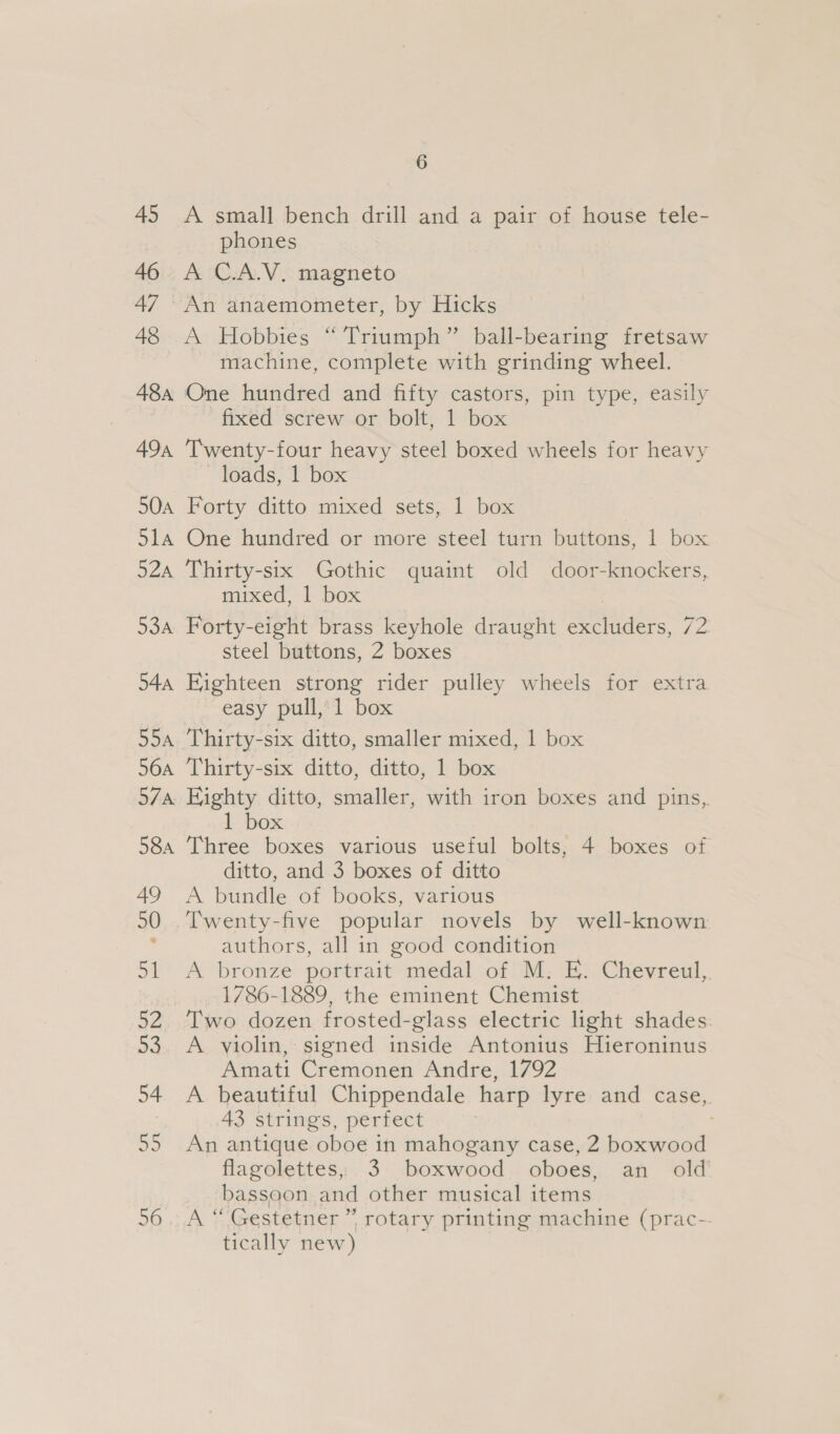 45 A small bench drill and a pair of house tele- phones 46 A C.A.V. magneto 47 An anaemometer, by Hicks 48 &lt;A Hobbies “Triumph” ball-bearing fretsaw machine, complete with grinding wheel. 48a One hundred and fifty castors, pin type, easily fixed screw or bolt, 1 box 49a Twenty-four heavy steel boxed wheels for heavy loads, 1 box 50a Forty ditto mixed sets, 1 box 514 One hundred or more steel turn buttons, 1 box 52a Thirty-six Gothic quaint old door-knockers, mixed, 1 box | 53a Forty-eight brass keyhole draught excluders, 72 steel buttons, 2 boxes 54a Eighteen strong rider pulley wheels for extra easy pull, 1 box 55a ‘Thirty-six ditto, smaller mixed, 1 box 56a Thirty-six ditto, ditto, 1 box 57a Eighty ditto, smaller, with iron boxes and pins, box 58a Three boxes various useful bolts, 4 boxes of ditto, and 3 boxes of ditto 49 A bundle of books, various 50 Twenty-five popular novels by well-known authors, all in good condition 51 A bronze portrait medal of M. E. Chevreul, 1786-1889, the eminent Chemist 52. Two dozen frosted-glass electric light shades. 53. A violin, signed inside Antonius Hieroninus Amati Cremonen Andre, 1792 54 A beautiful Chippendale harp lyre and case, 43 strings, perfect ) 55 An antique oboe in mahogany case, 2 boxwood flagolettes, 3 boxwood oboes, an old bassoon and other musical items 56. A “Gestetner ” rotary printing machine (prac- tically new)