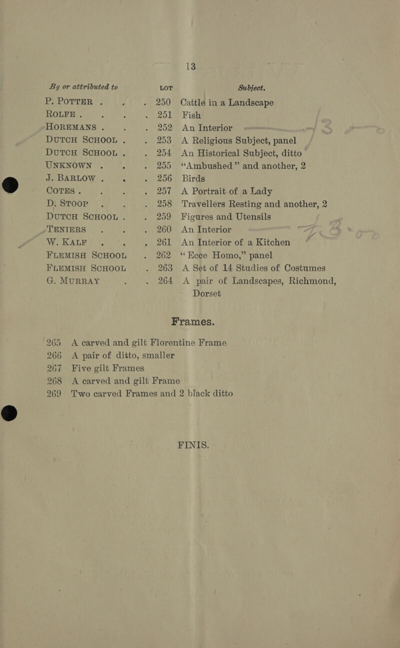 P. POTTER . ROLFE . HOREMANS . DUTCH SCHOOL . DutTCH SCHOOL . UNKNOWN J. BARLOW . > COTES. D. STOOP DUTCH SCHOOL . TENIERS W. KALF FLEMISH SCHOOL FLEMISH SCHOOL G. MURRAY 250 202 200 204 209 206 207 208 209 260 261 262 263 264 Cattle in a Landscape Fish An Interior | A Religious Subject, panel An Historical Subject, ditto ‘‘Ambushed ” and another, 2 Birds A Portrait.of a Lady Travellers Resting and another, 2 Figures and Utensils An Interior An Interior of a Kitchen ‘“‘Hicce Homo,” panel A Set of 14 Studies of Costumes A pair of Landscapes, Richmond, Dorset if