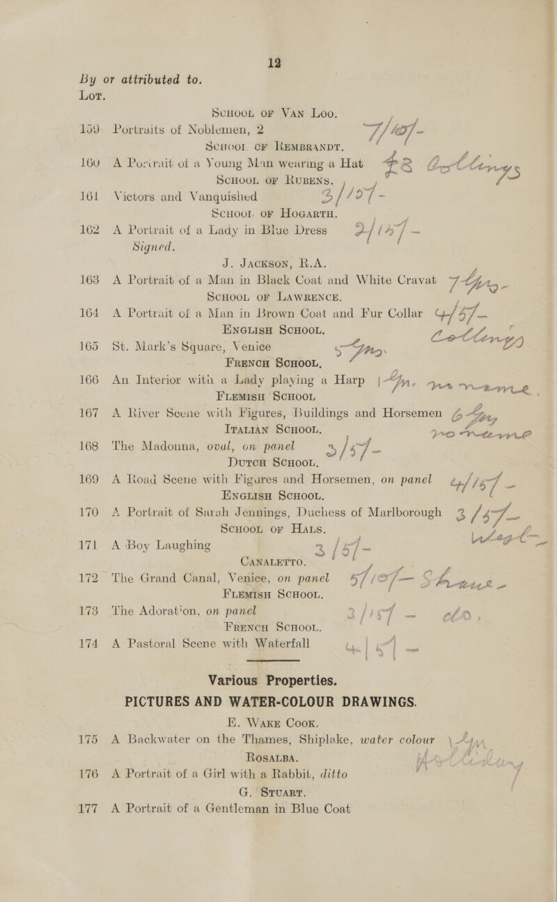 Lov 160 161 162 166 167 168 169 170 174 172 175 176 rt SCHOOL OF Van Loo. : Portraits of Noblemen, 2 ee / 4] - ScHoor. CF REMBRANDT, A Porwait of a Young Man wearmg a Hat pa pe SCHOOL OF RUBENS. 5 25, : ? AAT Victors and Vanquished prey = SCHOOL OF HoGaRTH. 3 A Portrait of a Lady in Blue Dress oo / i A} - Signed. J. JACKSON, R.A. SCHOOL OF LAWRENCE. A Portrait of a Man in Brown Coat and Fur Collar G/ ST. = ENGLISH SCHOOL, Ae : : te (tA ag er A St. Mark’s Square, Venice “yg, wg, 4 0 re? FRENCH SCHOOL, An Interior with a Lady playing a Harp |—“%y, se oe y we FLEMIsH SCHOOL : A River Scene with Figures, Buildings and Horsemen fe? “1, ITALIAN SCHOOL. ; arn Afisee: eS The Madonna, oval, on panel 2/4 7 DurcH ScHooL, A ltoad Scene with Figures and Horsemen, on panel df /5-7 ae = ENGLISH SCHOOL. ScHooL or HALs. Frrencu ScHOOL. A Pastoral Scene with Waterfall ny  Various Properties. PICTURES AND WATER-COLOUR DRAWINGS. Ei. Wake Cook. ROSALBA. A Portrait of a Girl with a Rabbit, ditto y STUART. A Portrait of a Gentleman in Blue Coat < | ct (— Lt # A Boy Laughing ee ie < CANALETTO. r™E ) “ : m 1p XT a 3] Pmt A ot Ci - [he Grand Canal, Venice, on panel 4, (Fs toy eT Se FLEMISH SCHOOL. The Adorat'on, on panel 2 sid, ey Pe