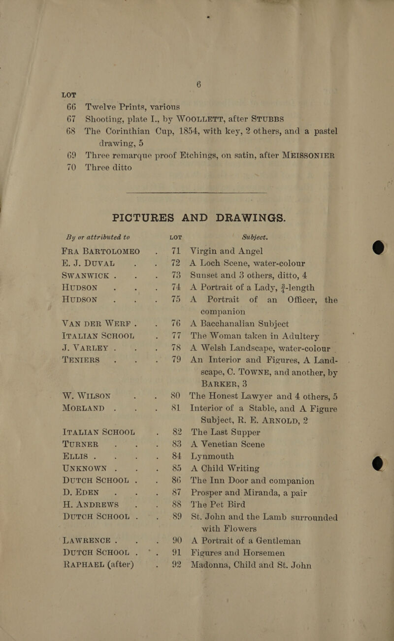 70 Three ditto By or attributed to K. J. DUVAL SWANWICK . HUDSON HUDSON ITALIAN SCHOOL J. VARUBY ©. TENIERS W. WILSON MORLAND ITALIAN SCHOOL TURNER ELLIS . UNKNOWN D. EDEN H. ANDREWS LAWRENCE. RAPHAEL (after) LOT Subject. Virgin and Angel A Loch Scene, water-colour Sunset and 3 others, ditto, 4 A Portrait of a Lady, 2-length A Portrait of an Officer, the companion A Bacchanalian Subject The Woman taken in Adultery A Welsh Landscape, water-colour | An Interior and Figures, A Land- scape, C. TOWNE, and another, by BARKER, 3 The Honest Lawyer and 4 others, 5 Interior of a Stable, and A Figure Subject, R. E. ARNOLD, 2 The Last Supper A Venetian Scene Lynmouth A Child Writing The Inn Door and companion Prosper and Miranda, a pair The Pet Bird St. John and the Lamb surrounded with Flowers A Portrait of a Gentleman Figures and Horsemen Madonna, Child and St. John