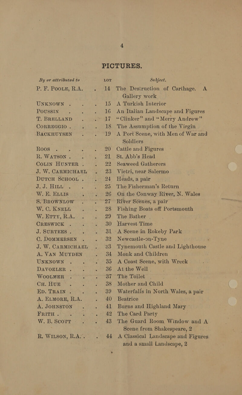 P. F. Poous#, R.A. UNKNOWN POUSSIN T. BRELLAND CORREGGIO . BACKHUYSEN ROoOS R. WATSON . COLIN HUNTER . J. W. CARMICHAEL DuTCH SCHOOL . OS DRS hare W. EH. ELuIS : S. BROWNLOW W. C. KNELL W. Erty, R.A. CRESWICK J. SURTEES . C. DOMMERSEN J. W. CARMICHAEL A. VAN MUYDEN UNKNOWN DAVOELER . WOOLMER CH. HUE ED. TRAIN . A. ELMORE, R.A. A. JOHNSTON TRITH = W. B. Scort R. WILSON, R.A.’. PICTURES. 14 The Destruction of Carthage. A Gallery work 15. A Turkish Interior 16 An Italian Landscape and Figures 17 “Clinker” and “Merry Andrew” 18 The Assumption of the Virgin 19 A Port Scene, with Men of War and Soldiers 20 Cattle and Figures 21 St. Abb’s Head 22 Seaweed Gatherers 23 Vietri, near Salermo 24 Heads, a pair 25 ‘The Fisherman’s Return 26 On the Conway River, N. Wales 27 River Scenes, a pair 28 Fishing Boats off Portsmouth 29 The Bather 30 Harvest Time 3L A Scene in Rokeby Park ~ 82 Newcastle-on-Tyne 33 Tynemouth Castle and Lighthouse 34 Monk and Children 35 <A Coast Scene, with Wreck 36 At the Well 37 The Toilet 38 Mother and Child 39 Waterfalls in North Wales, a pair 40 Beatrice 41 Burns and Highland Mary 42 The Card Party 43 The Guard Room Window and A Scene from Shakespeare, 2 44 A Classical Landscape and Figures and a small Landscape, 2