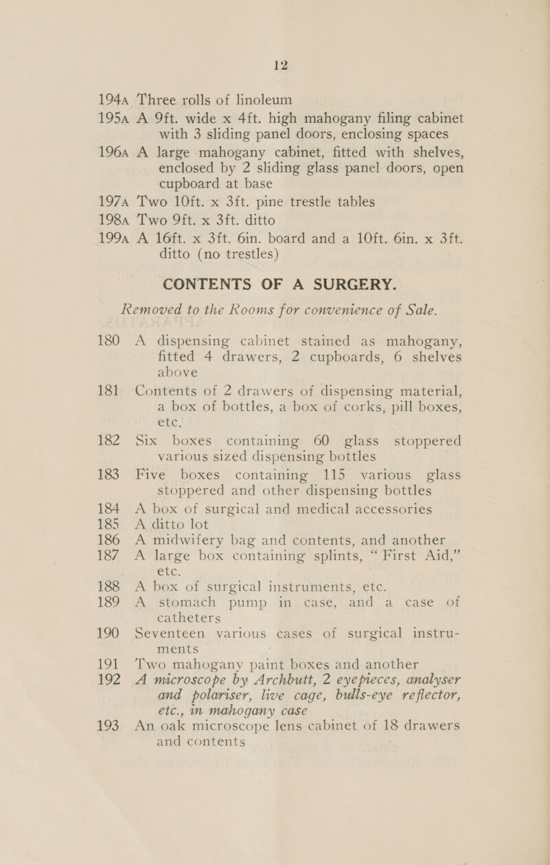 1944 Three rolls of linoleum 195a A 9ft. wide x 4ft. high mahogany filing cabinet with 3 sliding panel doors, enclosing spaces 196a A large mahogany cabinet, fitted with shelves, enclosed by 2 sliding glass panel doors, open cupboard at base 1974 Two 10ft. x 3ft. pine trestle tables 198a Two 9ft. x 3ft. ditto 1994: A 16ft.:x 3ft. 6in. board and a 10it. 6in. x 3ft. ditto (no trestles) CONTENTS OF A SURGERY. _ Removed to the kooms for convenience of Sale. 180 A dispensing cabinet stained as mahogany, fitted 4 drawers, 2 cupboards, 6 shelves above 181 Contents of 2 drawers of dispensing material, a box of bottles, a box of corks, pill boxes, ELC, 182 Six boxes containing 60 glass stoppered various sized dispensing bottles | 183 Five boxes containing 115 various glass stoppered and other dispensing bottles 184 A box of surgical and medical accessories 185° “A ditto lot 186 A midwifery bag and contents, and another 187 A large box containing splints, “ First Aid,” Cie. 188 A box of surgical instruments, etc. 189. A. stomach pump. mi Case,’ and -a° Case .o8 catheters 190 Seventeen various cases of surgical instru- ments 191 Two mahogany paint boxes and another 192 A microscope by Archbutt, 2 eyepreces, analyser and polariser, live cage, bulls-eye reflector, etc., im mahogany case 193. An oak microscope lens cabinet of 18 drawers and contents