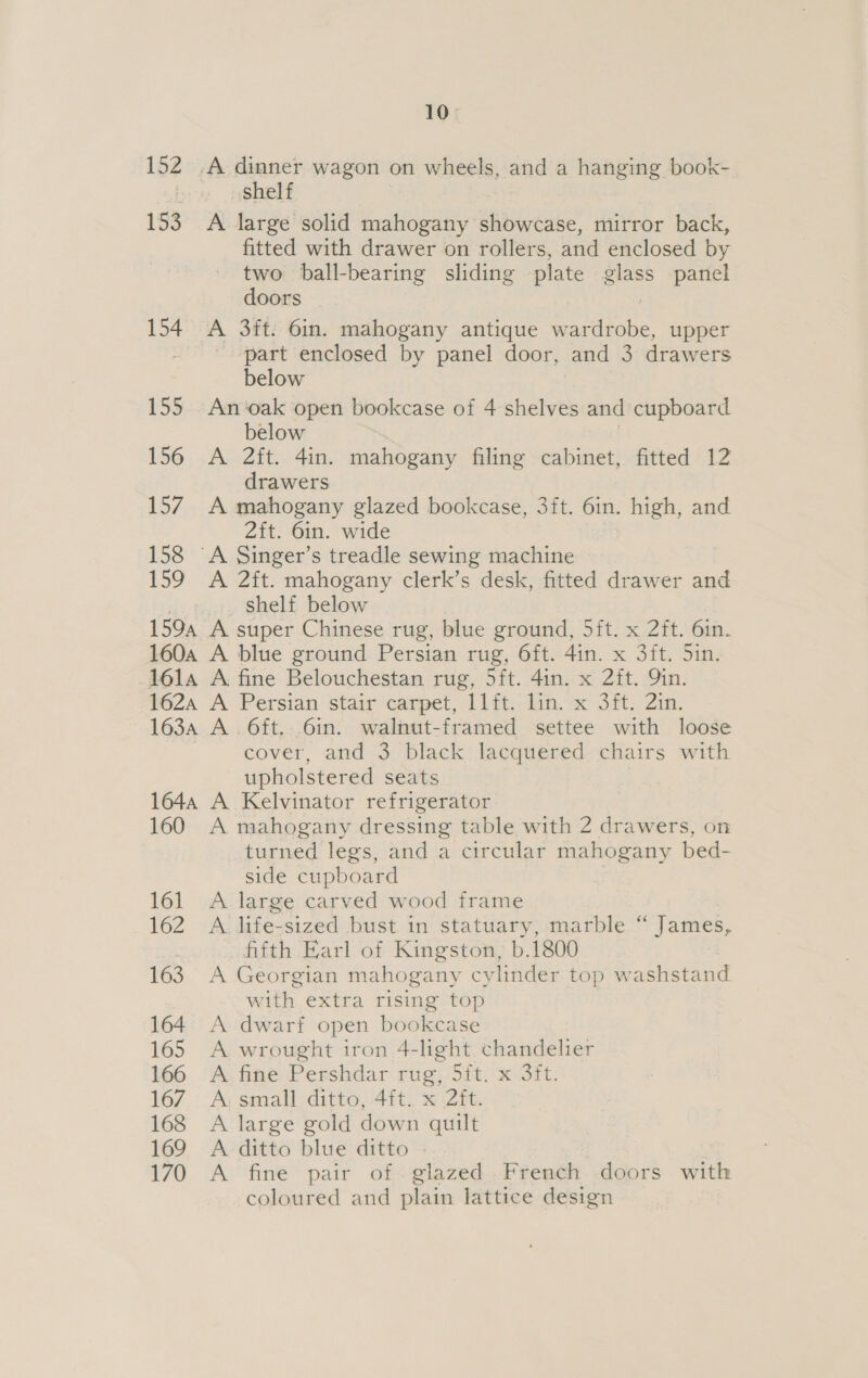 152 153 154 155 156 157 158 159 1594 1604 1614 162A 163A 1644 160 161 162 163 164 165 166 167 168 169 170 10° shelf A large solid mahogany showcase, mirror back, fitted with drawer on rollers, and enclosed by two ball-bearing sliding plate glass panel doors A 3ft. 6in. mahogany antique Aa upper part enclosed by panel door, and 3 drawers below An oak open bookcase of 4 shelves and cupboard below A 2ft. 4in. mahogany filing cabinet, fitted 12 drawers A mahogany glazed bookcase, 3ft. 6in. high, and 2ft. 6in. wide A 2ft. mahogany clerk’s desk, fitted drawer and shelf below A super Chinese rug, blue ground, 5ft. x 2ft. 61n. A blue ground Persian rug, 6ft. 4in. x 3ft. 5in. A fine Belouchestan rug, 5ft. 4in. x 2ft. Qin. A Persian stair carpet, 11ft. lin. x 3ft. 2in. A . 6ft..6in. walnut-framed settee with loose cover, and 3 black lacquered chairs with upholstered seats A Kelvinator refrigerator A mahogany dressing table with 2 drawers, on turned legs, and a circular mahogany bed- side cupboard A large carved wood frame A. life-sized bust in statuary, marble “ James, fifth Earl of Kingston, b.1800 A Georgian mahogany cylinder top washstand with extra rising top A dwarf open bookcase A wrought iron 4-light chandelier A fine Pershdar rug, 5it. x 3ft. A: small ditto, 4ft. x 2ft. A large gold down quilt A ditto blue ditto | A fine pair of glazed French doors with coloured and plain lattice design
