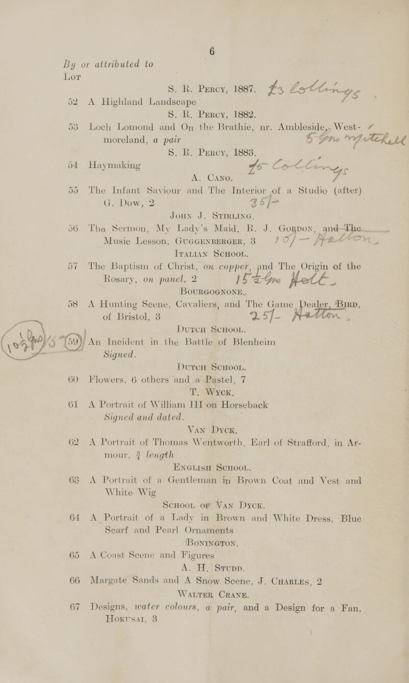 Lor 52 53 od 50 O60 ford OY S. R. Percy, 1887. £ ‘ bsttir_z- A Highland Landscape a ©. BR, Percy, ise2. Loch Lomond and On the Brathie, nr. Ainbleside,, West- # moreland, @ pair 5 Sts *r Yn t Ath th S. R. Percy, 1883. 7 Haymaking Ce CL Cen, “tye A. CANo. -- The Infant Saviour and The Interior of a Studio (after) G. Dow, 2 65 /> JOHN J. STIRLING, The Sermon, My Lady’s Maid, R. J. pi ean as The Music Lesson, GUGGENBERGER, 3 / o/— ote Iranian ScHOoOL. The Baptism of Christ, on copper, Cay The Origin of the Rosary, on panel, 2 ew Ha ett.  ‘BOURGOGNONE,, A Hunting Scene, Cavaliers, and The Game Dealer, 'Birp, of Bristol, 3 ee sj 4 AAAI. DutcH SCHOOL. 60 OL 62 63 64 65 66 67 Signed. DutcH SCHOOL. Flowers, 6 others and a Pastel, 7 TT. Wyex., A Portrait of William III on Horseback Signed and dated. Van Dyck. A Portrait of Thomas Wentworth, Earl of Strafford, in Ar- mour, # length ENGLISH SCHOOL. A Portrait of a Gentleman m Brown Coat and Vest and White Wig ScHooL oF Van Dyck. A Portrait of a Lady in Brown and White Dress, Blue Searf and Pearl Ornaments IBONINGTON. A Coast Scene and Figures A. H.?Srupp. Margate Sands and A Snow Scene, J. Cuarues, 2 WALTER CRANE. Designs, water colours, a pair, and a Design for a Fan,