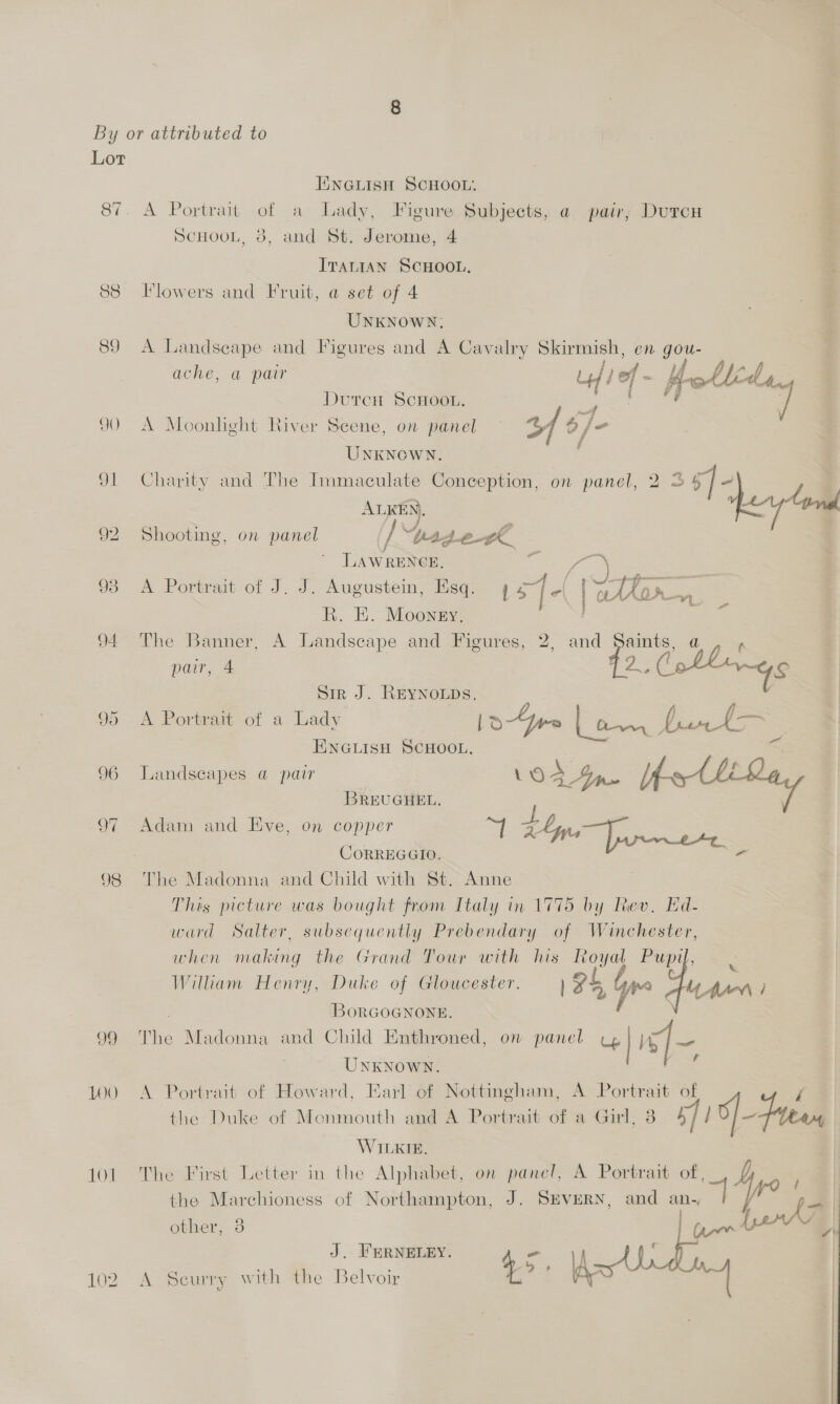 96 97 98 oe LOO 101 102 I.NGLISH SCHOOL. A Portrait of a Lady, Figure Subjects, a pair; Dutcu SCHOOL, 3, and St. Jerome, 4 ITALIAN SCHOOL, Flowers and Fruit, a set of 4 UNKNOWN, A Landseape and Figures and A Cavalry Skirmish, en gou- ache, a pair : 44 | of = potlide, Dutrcn ScHoon. : / A Moonlight River Seene, on panel 3 o fe UNKNOWN. | Charity and The Immaculate Conception, on panel, 2 3 s]- ALKEN), yond Shooting, on panel / “bag egk LAWRENCE, Baran a A Portrait of J. J. Augustem, Esq. 4 s| at | ee Rh. EH. Moonesy, The Banner, A Landscape and Figures, 2, and Saints, a Q pair, 4 2. Colinas Sir J. REYNOLDS. ‘ A Portrait of a Lady ore Lo f) pm : | Ow fs : ENGLISH SCHOOL. Landscapes @ pair i OA Ip, : BREUGHEL, Adam and Eve, on copper a a CORREGGIO. - The Madonna and Child with St. Anne This picture was bought from Italy in 1775 by Rev, Ed- ward Salter, subsequently Prebendary of Winchester, Wiliam Henry, Duke of Gloucester. 24, Y  BoRGOGNONE. The Madonna and Child Enthroned, on panel cy 3 UNKNOWN. A Portrait of Howard, Earl of Nottingham, A Portrait of / the Duke of Monmouth and A Portrait of a Girl, 38 aL | Ft WILKIE, The First Letter in the Alphabet, on panel, A Portrait of | the Marchioness of Northampton, J. SEVERN, and an. ™ fro! ey other, 38 is ae ‘om i J. FERNELEY. 45 Warrdny A Seurry with the Belvoir