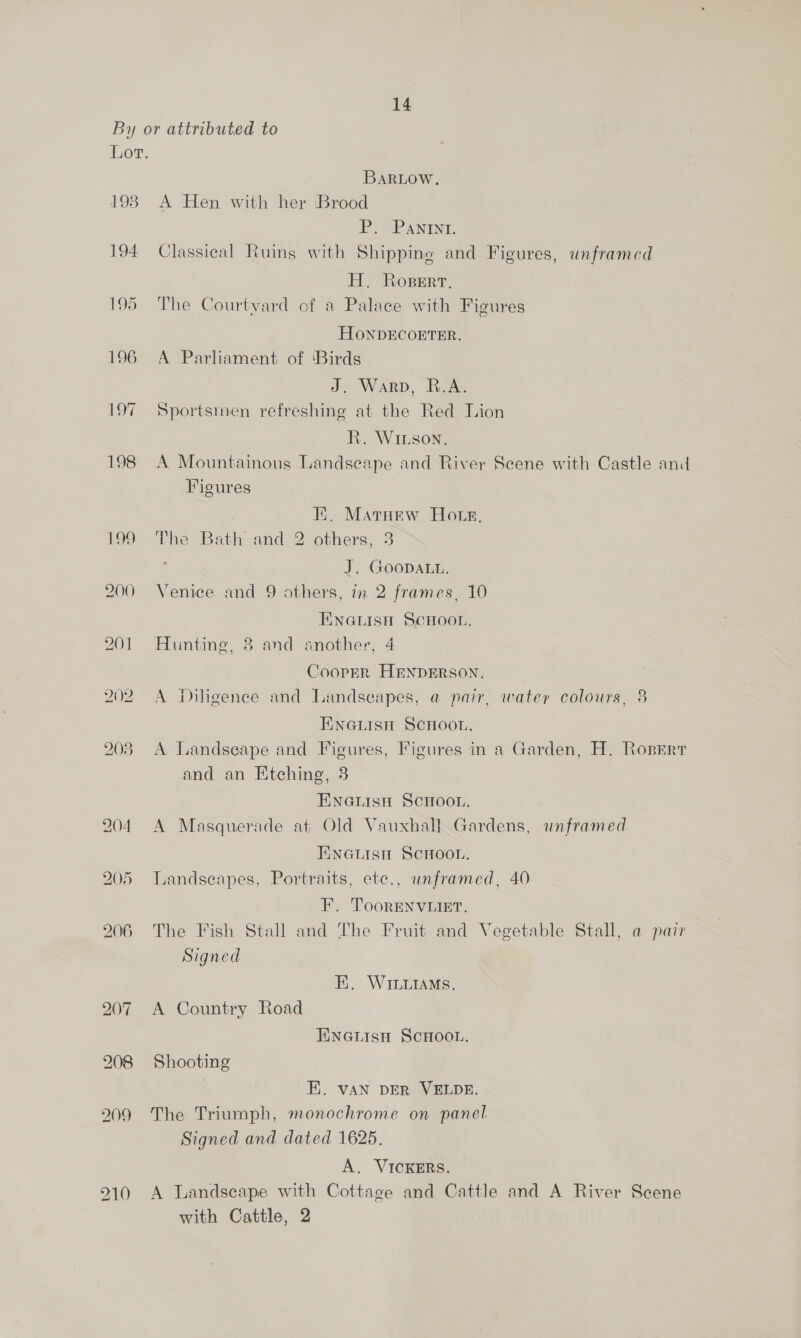 By or attributed to Lot. BARLOW, 198 A Hen with her Brood Po PANINI, 194 Classical Ruing with Shipping and Figures, unframed H., Rosert, 195 The Courtyard of a Palace with Figures HOONDECOETER. 196 A Parliament of ‘Birds J. Warp, R.A. 197 Sportsmen refreshing at the Red Lion R. WILson. 198 A Mountainous Landseape and River Scene with Castle and Figures EK. Marurew Hots. 199 The Bath and 2 others, 3 J. Goopant. 200 Venice and 9 others, in 2 frames, 10 ENGLISH SCHOOL. 201 Hunting, 38 and another, 4 CoorER HENDERSON. 202 A Diheenee and Landscapes, a pair, water colours, 3 ENGLISH SCHOOL, 2038 A Landscape and Figures, Figures in a Garden, H. Ropert and an Etching, 3 ENGLISH SCHOOL. 204. A Masquerade at Old Vauxhall Gardens, unframed Ewetisn ScHoon. 205 Landscapes, Portraits, etc., unframed, 40 F. ToorENnvLIET. 206 The Fish Stall and The Fruit and Vegetable Stall, a pair Signed BE. Wits. 207 A Country Road HNGLISH SCHOOL. 208 Shooting EK. VAN DER VELDE. 909 The Triumph, monochrome on panel Signed and dated 1625. A. VICKERS. 210 A Landscape with Cottage and Cattle and A River Scene with Cattle, 2