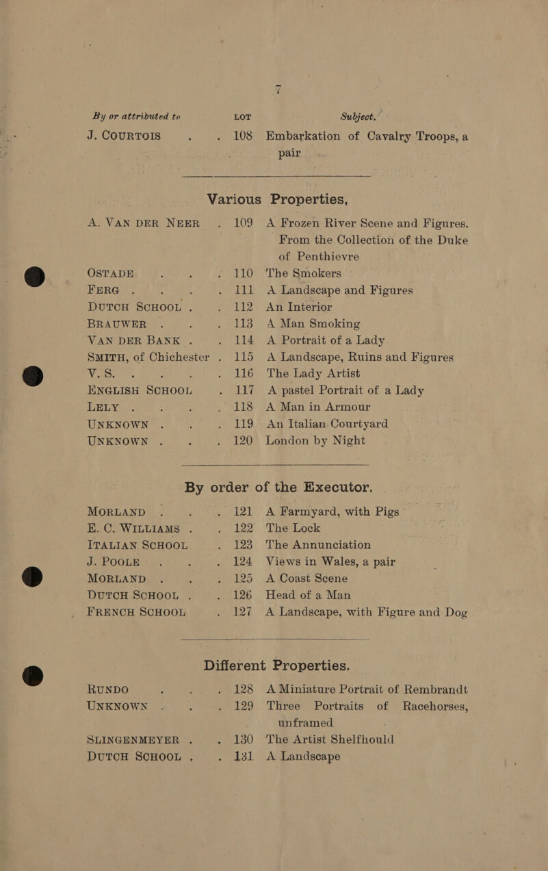 J. COURTOIS 108 OSTADE FERG BRAUWER VAN DER BANK . Va ; ENGLISH SCHOOL LELY UNKNOWN UNKNOWN ~1 Embarkation of Cavalry Troops, a pair 109 110 111 112 113 114 115 116 cl 118 LIS 120 A Frozen River Scene and Figures. From the Collection of the Duke of Penthievre The Smokers A Landscape and Figures An Interior A Man Smoking A Portrait of a Lady. A Landscape, Ruins and Figures The Lady Artist A pastel Portrait of a Lady A Man in Armour An Italian. Courtyard London by Night  MORLAND K. C. WILLIAMS . ITALIAN SCHOOL J. POOLE MORLAND DUTCH SCHOOL . FRENCH SCHOOL 121 122 123 124 125 126 127 A Farmyard, with Pigs at The Lock | The Annunciation Views in Wales, a pair A Coast Scene Head of a Man A Landscape, with Figure and Dog  RUNDO UNKNOWN 128 A Miniature Portrait of Rembrandt Three Portraits of Racehorses, unframed The Artist Shelfhould A Landscape