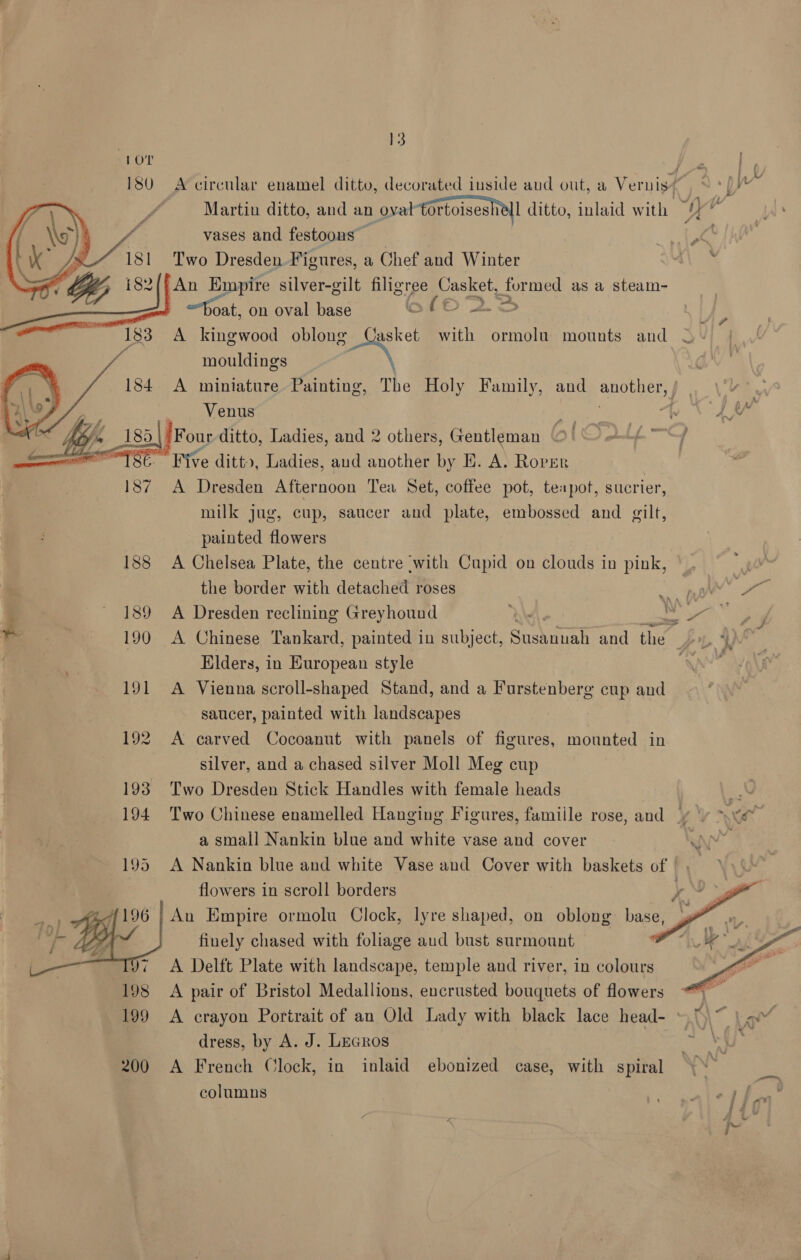   180. A circular enamel ditto, decorated inside aud out, a Vernisy , * yy Martin ditto, and an ovaltortoiseshell ditto, inlaid with —/“ vases and festoons &amp;° 2 Two Dresden Figures, a Chef and Winter a\ % An Empire silver-gilt filigree Casket, formed as a steam- oat, on oval base ofO 25 : — 183 A kingwood oblong Casket with ormolu mounts and 4 ‘ mouldings teen 184. A miniature. Painting, The Holy Family, and another, / | | Venus art 4. Ly ‘Four ditto, Ladies, and 2 others, Gentleman ot fF ” Five ditt, Ladies, and another by E. A. Rover 187 A Dresden Afternoon Tea Set, coffee pot, teapot, sucrier, milk jug, cup, saucer and plate, embossed and gilt, painted flowers 188 A Chelsea Plate, the centre with Cupid on clouds in pink, PES oa the border with detached roses pth es, : 189 A Dresden reclining Greyhound hs W re ga sa 190 A Chinese Tankard, painted in subject, SeyAiny and the eV vs Elders, in European style 191 A Vienna scroll-shaped Stand, and a Furstenberg cup and saucer, painted with landscapes 192 A carved Cocoanut with panels of figures, mounted in silver, and a chased silver Moll Meg cup 193 Two Dresden Stick Handles with female heads a 194 Two Chinese enamelled Hanging Figures, famiile rose, and /y ‘vy ‘i a small Nankin blue and white vase and cover % 195 A Nankin blue and white Vase and Cover with baskets of |. _ flowers in scroll borders : An Empire ormolu Clock, lyre shaped, on oblong. base, finely chased with foliage aud bust surmount 97 A Delft Plate with landscape, temple and river, in ae 198 A pair of Bristol Medallions, encrusted bouquets of flowers 199 A crayon Portrait of an Old Lady with black lace head- af. ge’ dress, by A. J. Lecros pee fh 200 A French Clock, in inlaid ebonized case, with spiral columns    