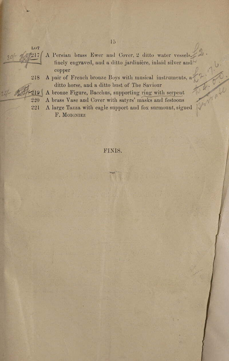 V5 Ao oa) A Persian brass Ewer and Cover, 2 ditto water vessels,c “ °   finely engraved, and a ditto jardiniere, inlaid silver and™ copper | pe | Voie : 218 A pair of French bronze Boys with musical instruments, aft | AFe » cn 7 ditto horse, and a ditto bust of The Saviour ; iz | fa 19- Ai7P2\9\ A bronze Figure, Bacchus, supporting ring with serpent “' 4. ———— t 220 A brass Vase and Cover with satyrs’ masks and festoons oA 221 A large Tazza with eagle support and fox surmount, signed y I’, MomGNniEez FINIS. 