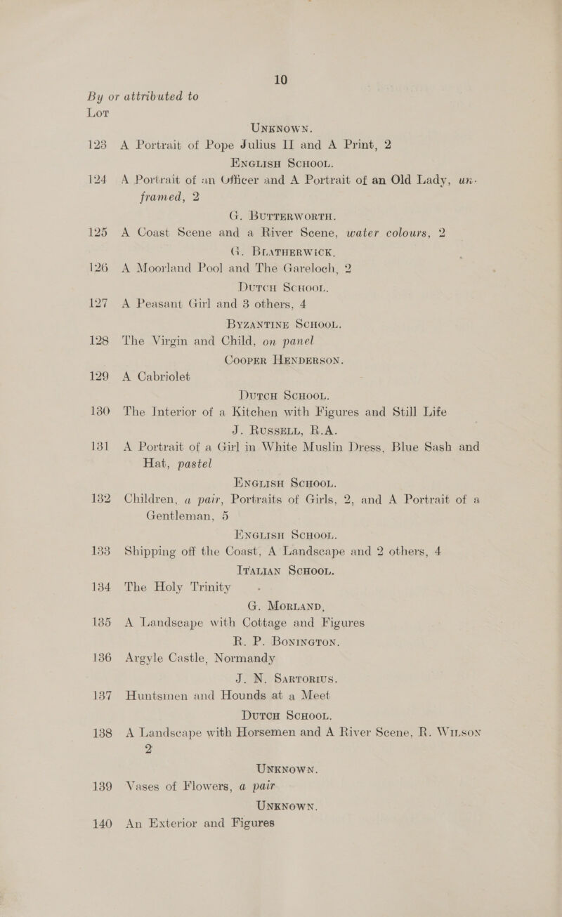 By or attributed to Lor UNKNOWN. 123 A Portrait of Pope Julius II and A Print, 2 EINGLISH SCHOOL. 124 A Portrait of un Officer and A Portrait of an Old Lady, un- framed, 2 G. BurrerRwortH. 125 A Coast Scene and a River Scene, water colours, 2 G. BLATHERWICK, 126 A Moorland Pool and The Gareloch, 2 DutcH ScHoor, 127 A Peasant Girl and 3 others, 4 BYZANTINE SCHOOL, 128 The Virgin and Child, on panel CooPER HENDERSON. 129 A Cabriolet DutrcH SCHOOL. 130 The Interior of a Kitchen with Figures and Still Life J. RUSSELa, dA. 1381 <A Portrait of a Girl in. White Muslin Dress, Blue Sash and Hat, pastel ENGLISH SCHOOL. 182 Children, a pair, Portraits of Girls, 2, and A Portrait of a Gentleman, 5 ENGLISH SCHOOL. 133 Shipping off the Coast, A Landscape and 2 others, 4 ITALIAN SCHOOL. 134 The Holy Trinity G. Moruanp, 185 A Landscape with Cottage and Figures R. P. Bonrneton. 186 Argyle Castle, Normandy J. N. SARTORIUS. 137 Huntsmen and Hounds at a Meet DutcH ScHOOL. 188 A Landscape with Horsemen and A River Scene, R. Winson 9 UNKNOWN. 1389 Vases of Flowers, a pair UNKNOWN. 140 An Exterior and Figures