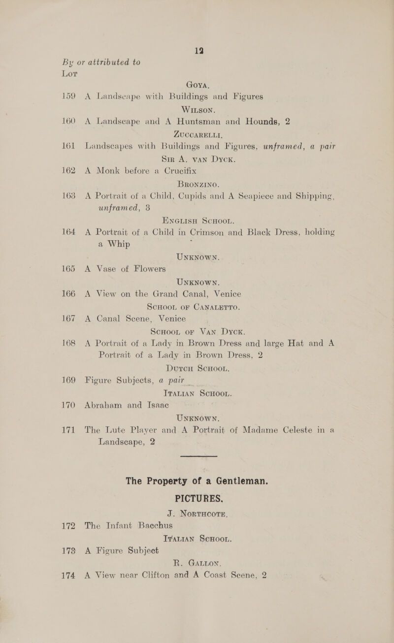 By or attributed to Lor GOYA. 159 A Landscape with Buildings and Figures WILSON. 160 A Landscape and A Huntsman and Hounds, 2 ZUCCARELLI, 161 Landscapes with Buildings and Figures, unframed, a pair Sir A. van Dycx. 162 A Monk before a Crucifix Bronzino. 163. A Portrait of a Child, Cupids and A Seapiece and Shipping, unframed, 8 ENGLISH SCHOOL. 164 A Portrait of a Child in Crimson and Black Dress, holding a Whip ‘ UNKNOWN. 165 <A Vase of Flowers UNKNOWN. 166 A View on the Grand Canal, Venice SCHOOL OF CANALETTO. 167 A Canal Scene, Venice Scoot or Van Dyck. 168 <A Portrait of a Lady in Brown Dress and large Hat and A Portrait of a Lady in Brown Dress, 2 Duron ScHOoL. 169 Figure Subjects, a pair | ITALIAN SCHOOL. 170 Abraham and Isaac UNKNOWN. 171 The Lute Player and A Portrait of Madame Celeste in a Landscape, 2 The Property of a Gentleman. PICTURES. J. NORTHCOTE. 172 The Infant Bacchus ITALIAN ScHOoOL. 178 A Figure Subject R. GALLON. 174 <A View near Clifton and A Coast Scene, 2
