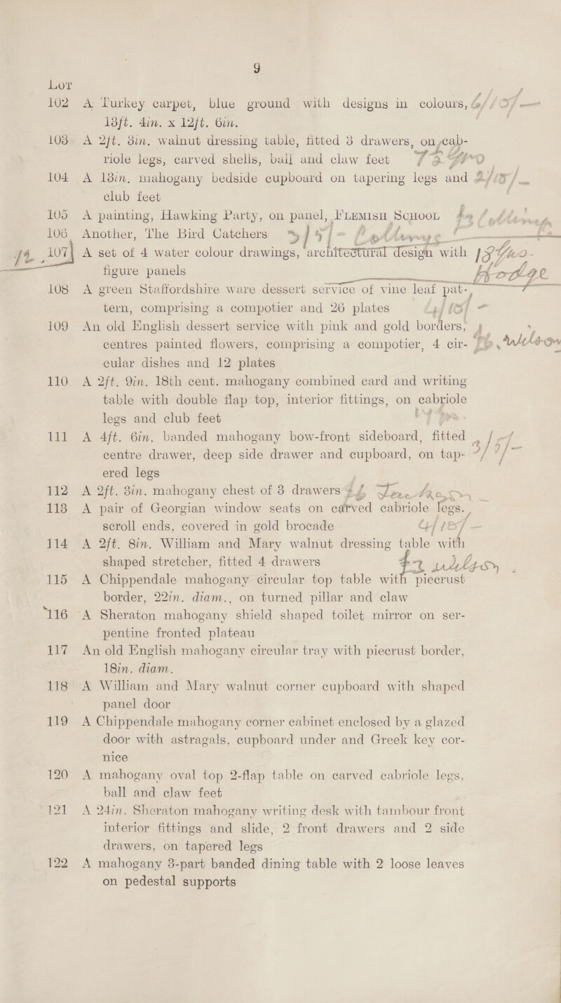 102 110 VEL a A; Turkey carpet, blue ground with designs in colours, &amp;, I3ft. 4in. x 12ft. Gin. A 2jt. din, walnut dressing table, fitted 3 drawers, onscab- riole legs, carved shells, bali and claw feet 7 -~ 54 oro D A ld8in, mahogany bedside cupboard on tapering legs and {gj club feet | A painting, Hawking Party, on panel, 'LEMISH SCHOOL f “s . Another, The Bird Catchers *5 x] }! ahha | ee A set of 4 water colour drawings, architeeEtral ‘cade rwith / g: by O- figure panels geese B Mes A green Staffordshire ware dessert service of vine leaf Da ae ders tern, comprising a compotier and 26 plates pj 16 j - An old English dessert service with pink and gold ee y : centres painted flowers, comprising a compotier, 4 cir- yi 3 alo cular dishes and 12 plates A 2ft. Yin. 18th cent. mahogany combined card and writing table with double flap top, interior fittings, on BSS legs and club feet centre drawer, deep side drawer and cupboard, on tap- ered legs A 2ft. 3in. mahogany chest of 3 drawers¢Z Yrefaan A pair of Georgian window seats on carved cabriole fegs. scroll ends, covered in gold brocade G7 7t A 2ft. 8in. William and Mary walnut ga table with shaped stretcher, fitted 4 drawers at we 2 My i; A Chippendale mahogany circular top table with piecrust border, 22in. diam., on turned pillar and claw A Sheraton mahogany shield shaped toilet mirror on ser- pentine fronted plateau An old English mahogany circular tray with piecrust border, 18in. diam. A William and Mary walnut corner cupboard with shaped panel door A Chippendale mahogany corner cabinet enclosed by a glazed door with astragals, cupboard under and Greek key cor- nice A mahogany oval top 2-flap table on carved cabriole legs, ball and claw feet A 24in. Sheraton mahogany writing desk with tambour front interior fittings and slide, 2 front drawers and 2 side drawers, on tapered legs A mahogany 8-part banded dining table with 2 loose leaves on pedestal supports 