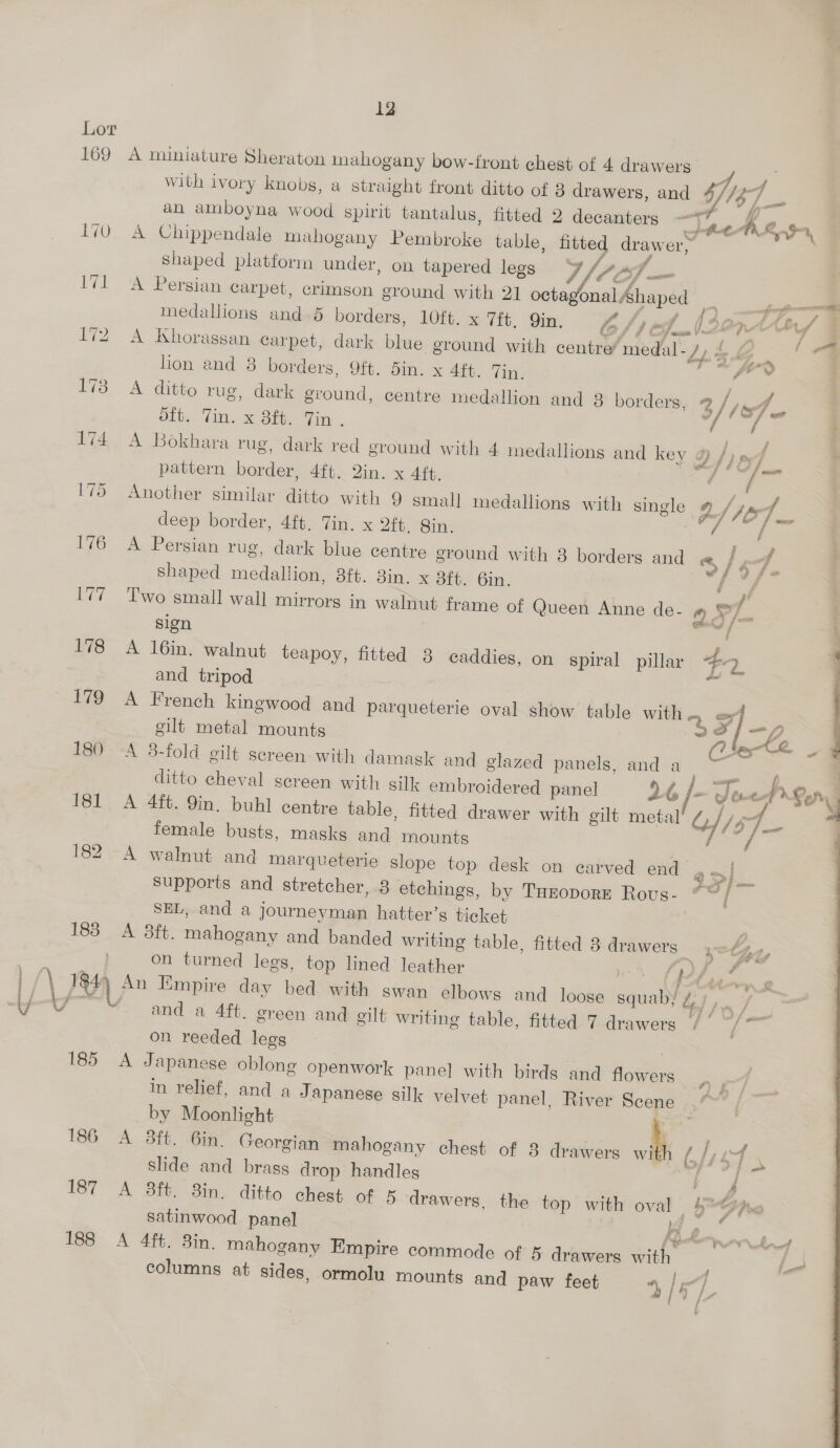 ; 12 169 A miniature Sheraton mahogany bow-front chest of 4 drawers ) an amboyna wood spirit tantalus, fitted 2 decanters at A ke “, 170. A Chippendale mahogany Pembroke table, fitted drawer, shaped platform under, on tapered legs V/ Cf - Ivl A Persian carpet, crimson ground with 21 octagonal “shaped ee _— medallions and. borders, 10ft. x 7ft. Qin. io Lj ef. § 40 rt r/ | 172 A Khorassan carpet, dark blue ground with centre’ medal- Zt . G J < lion and 8 borders, 9ft. 5in. x 4ft. Tin. : / wy 73: A ditto rug, dark ground, centre medallion and 8 borders, ‘Ff / pe ie oft. Tin. x 8ft. Jin . | / 174 A Bokhara rug, dark red ground with 4 medallions and key Qf; § 4 : pattern border, 4ft. 2in. x 4ft. 9 ald foe 175 Another similar ditto with 9 small medallions with single af, Jef deep border, 4ft, Tin. x 2ft. Sin. = 176 A Persian r ug, dark blue centre ground with 8 borders and «, } ‘ f shaped medallion, 8ft. 3in. x 3ft. Gin. j “/  177 Two small wal] mirrors in walnut frame of Queen Anne de- 4 ST sign KS | 178 A 16in. walnut teapoy, fitted 8 caddies, on spiral pillar 42 4 and tripod 179 A French kingwood and parqueterie oval show table with, oe - gilt metal mounts = 7 lbe a 180 -A 8-fold gilt screen- with damask and glazed panels, and a ditto cheval screen with silk embroidered panel 26 j- ve Prep 181 A 4ft. 9in. buhl centre table, fitted drawer with gilt metal G/, 164 - female busts, masks and mounts ete: 182 A walnut and marqueterie slope top desk on carved end @ =>} Supports and stretcher, 8 etchings, by TuEopore Rous- “© /~ SEL, and a journeyman hatter’s ticket . 188, che Ott mahogany and banded writing table, fitted 8 drawers rote, on turned legs, top lined leather | SF fs s 184) An Empire day bed with swan elbows and loose squab) /, 9   y on reeded legs 185 A Japanese oblong openwork panel with birds and flowers in relief, and a J apanese silk velvet panel, River Scene by Moonlight ‘ 186 <A 8ft. 6in. Georgian mahogany chest of 3 drawers with Al, sf slide and brass drop handles | 187 A 8ft. 8in. ditto chest of 5 drawers, the top with oval by satinwood panel : 7> é £ f ie mahogany Empire commode of 5 drawers with columns at sides, ormolu mounts and paw feet 4, / a 1 