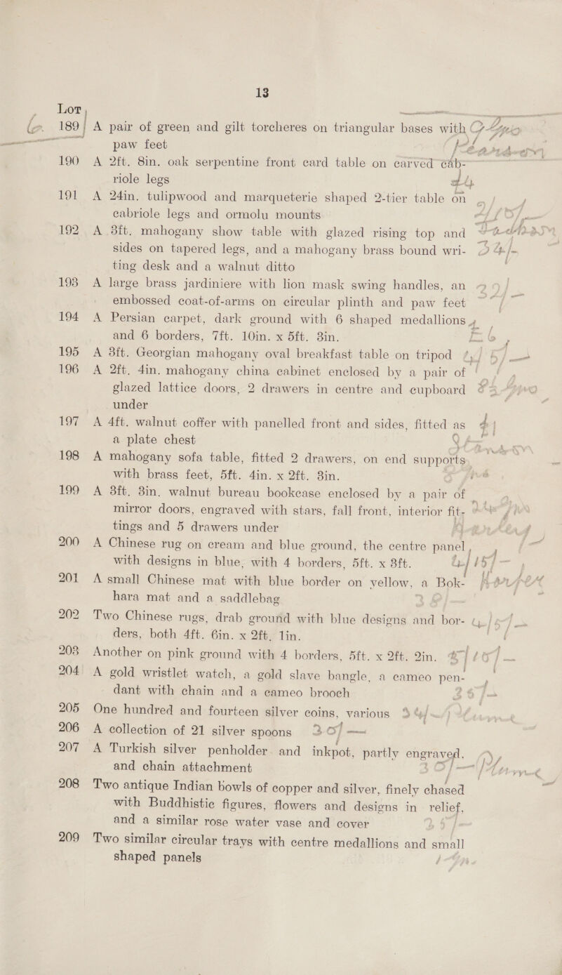 ; 13 Lot, os ¢ ae paw feet } . é < ep eefv 190 A 2ft. 8in. oak serpentine front card table on carved cab: — | riole legs dh 191 <A 24in. tulipwood and marqueterie shaped 2-tier table on cabriole legs and ormolu mounts “Ls? 192. A 3ft. mahogany show table with glazed rising top and ~“#<* sides on tapered legs, and a mahogany brass bound wri- 4h} ting desk and a wolent ditto | 198 A large brass jardiniere with lion mask swing handles, an embossed coat-of-arms on circular plinth and paw feet 194 A Persian carpet, dark ground with 6 shaped medallions es and 6 borders, 7ft. 10in. x 5ft. 3in. L &amp; 195 A 8ft. Georgian mahogany oval breakfast table on tripod fyf > 6 / nme 196 A 2ft. 4in. mahogany china cabinet enclosed by a pair of glazed lattice doors, 2 drawers in centre and cupboard under . 197 A 4ft. walnut coffer with panelled front and sides, fitted as 4 | a plate chest QA 198 A mahogany sofa table, fitted 2 drawers, on end supports, with brass feet, 5ft. 4in. x 2ft. 3in. 199 A 3ft. 3in. walnut bureau bookease enclosed by a pair of | mirror doors, engraved with stars, fall front, interior iy tings and 5 drawers under d 200 A Chinese rug on cream and blue ground, the centre panel, with designs in blue, with 4 borders, 5ft. x 8ft. Li} | of 201 A small Chinese mat with blue border on yellow, a Bok- Bere hara mat and a saddlebag : 202 Two Chinese rugs, drab ground with blue desiens and bor- ¢ ders, both 4ft. Gin. x 2ft. lin. 203 Another on pink ground with 4 borders, 5ft. x 2ft. Qin. 7746 ‘ 204 A gold wristlet watch, a gold slave bangle, a cameo pen. , dant with chain and a cameo brooch 56 205 One hundred and fourteen silver eoins, various 4 { 206 A collection of 21 silver spoons 2 af — 207 A Turkish silver penholder. and inkpot, partly goose #, and chain attachment a 208 Two antique Indian bowls of copper and silver, finely chased with Buddhistic figures, flowers and designs in relief, and a similar rose water vase and cover 209 Two similar circular trays with centre medallions and smal] shaped panels