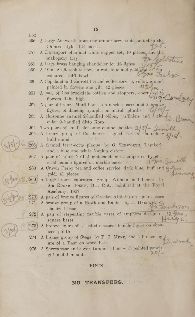 256 A large Ashworth ironstone dinner service decorated 1 aes the_ Chinese style, 124 pieces 257 A Davenport blue and white supper set, 10 pieces, and ie mahogany tray ey. y tot 258 <A large brass hanging chandelier for 16 lights a Vie 259 A 19in. Staffordshire bowl in red, blue and gold _; as a i. coloured Delft bowl A? «Jo chgen_ 260 <A Copeland and Garrett tea and coffee service, 3 Yolo eround painted in flowers and gilt, 42 pieces Hz. oh ae 261 <A pair of Coalbrookdale bottles and stoppers, eneru etal flowers, 14in. high font 262 A pair of bronze Marli horses on marble bases and 2 Dy onze figures of dancing nymphs on marble plinths 268 A cloisonne enamel 2-handled oblong jardiniere aaa a a. 43 (an cular 2-handled ditto Koro BOER 3 ben | 264 Two pairs of small cloisonne enamel bottles 3 7s aa Af 265.. A bronze group of Racehorses, sioned FRATIN, dn oblong shi if | buhl stand > 266) A framed terra-cotta plaque, by G. TinwortH, Lambeth : and a blue and white Nankin cistern 3 267 A pair of Louis XVI 2-light candelabra sipported Fy. 2 af ie sical female figures on marble bases Fe 268 A Crown Derby tea and coffee service, dark blue, and cay ; | gold, 41 pieces — ! . &amp; 269) A large bronze equestrian group, Wilhelm and Lenore, by. f Sm Epcar Borum, Bt., R.A., exhibited at the Royal Academy, 1867 2B A pair of bronze figures of Grecian Athletes on square bases 971 A bronze group of a Hawk and Rabbit, by J. HAnnNp = on -ebonized base ; Faohsen, 272 | A pair of serpentine marble vases of amphOre ee i on 2. Yin ; square bases 70 \ 278) A bronze figure of a seated classical female “— on ebon- fie ta ized plinth 274 A bronze group of Stags, by P. J. Mune, anda ee fig- f ure of a Bear on wood base : Wook 275 A Sevres vase and cover, turquoise blue with painted BSC cilt metal mounts Salt Bags  j _ ‘FINTS. NO TRANSFERS,