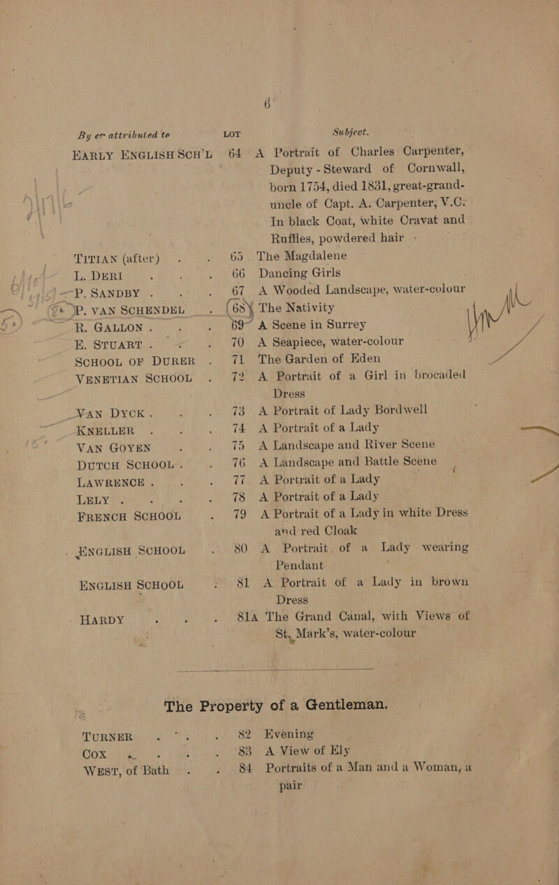 By om attributed to ' LOT Subject. EARLY ENGLISH ScH’L 64 A Portrait of Charles Carpenter, - : Deputy -Steward of Cornwall, born 1754, died 1831, great-grand- uncle of Capt. A. Carpenter, V.C- In black Coat, white Cravat and ' Ruffles, powdered hair TITAN: (after) Qo. . 6). The Magdalene L. DERI : . 66 Dancing Girls | G) &lt;P. SANDBY ).) ey. 7, OL. A Wooded Landscape, water-colour +P. vAN SCHENDEL _. (68 \ The Nativity 7 _-R. GALLON . . 69” A Scene in Surrey EB. STUART... = . 70 A Seapiece, water-colour ScHOOL OF DuRER . 71 The Garden of Kden VENETIAN ScHOOL . 72 A Portrait of a Girl in brocaded Dress | “Nan Dyck. . . 73° A Portrait of Lady Bordwell KNELLER . ; . 74 A Portrait of a Lady VAN GOYEN : . 75 A Landscape and River Scene DurcH ScHooL. . 76 A Landscape and Battle Scene LAWRENCE . ‘ . 77. A Portrait of a Lady : | LELY*. 2 ; . 78 &lt;A Portrait of a Lady FRENCH SCHOOL . 79 &lt;A Portrait of a Lady in white Dress and red Cloak | ENGLISH SCHOOL .. 80 A Portrait, of a Lady wearing Pendant ENGLISH SCHOOL “\-81 A Portrait of a Lady in brown | Dress HARDY ip ; . 81a The Grand Canal, with Views of St, Mark's, water-colour  The Property of a Gentleman. TURNER mindee Pe . 82 Evening ChOX aegeiee ca i . °83. A View of Ely WEST, of Bat 5 . 84 Portraits of a Man and a Woman, a pair