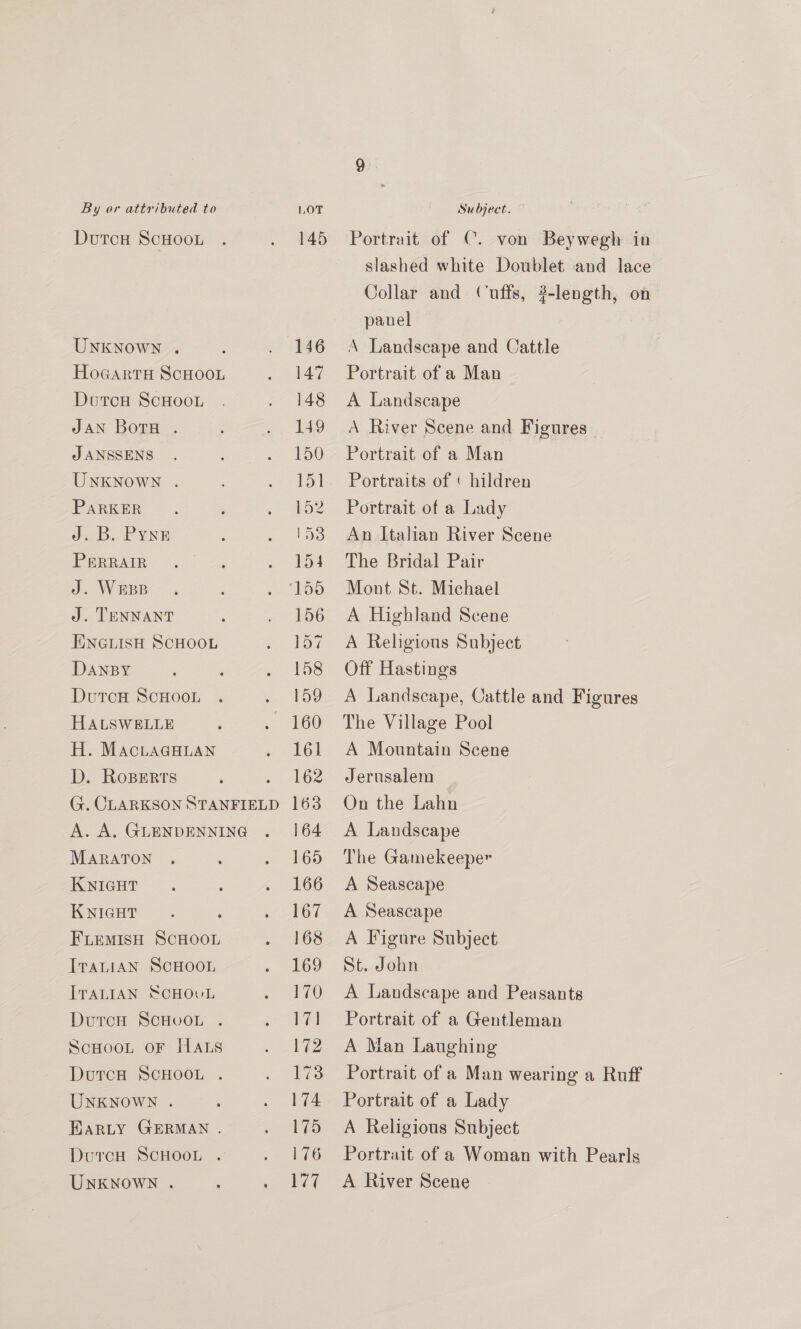 DutTcH SCHOOL UNKNowWN . Hocarta ScHoon DoutcH ScHooL JAN Bore . J ANSSENS UNKNOWN . PARKER J. B. Pyne PERRAIR J. WEBB J. TENNANT ENGLISH SCHOOL DANBY DutcH ScHooL HALSWELLE H. MAacLtaGHLAN D. Roperrs MARATON KNIGHT KNIGHT ; FLEMISH SCHOOL TrauiAN ScHOOL ITALIAN SCHOvL Dutcu ScHUOL . SCHOOL OF HALS DutcH SCHOOL . UNKNOWN . EarLy GERMAN . DutrcH SCHOOL . @ 145 Portrait of C. von Beywegh in slashed white Doublet and lace Collar and Cuffs, #-length, on panel A Landscape and Cattle Portrait of a Man A Landscape A River Scene and Figures Portrait of a Man Portraits of | hildren Portrait of a Lady An Italian River Scene The Bridal Pair Mont St. Michael A Highland Scene A Religious Subject Off Hastings A Landscape, Cattle and Figures The Village Pool A Mountain Scene Jerusalem On the Lahn A Landscape The Gamekeepe A Seascape A Seascape A Figure Subject St. John A Landscape and Peasants Portrait of a Gentleman A Man Laughing Portrait of a Man wearing a Ruff Portrait of a Lady A Religious Subject Portrait of a Woman with Pearls