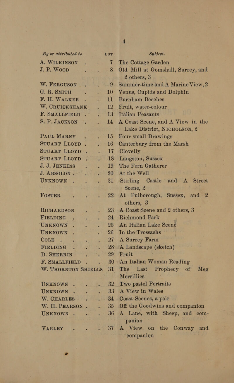 A. WILKINSON J. P, WOOD W. FERGUSON G. R. SMITH F. H. WALKER W. CRUICKSHANK F. SMALLFIELD . S. P. JACKSON PAUL MARNY STUART LLOYD . STUART LLOYD . STUART LLOYD J. J. JENKINS J. ABSOLON . UNKNOWN FOSTER RICHARDSON FIELDING. UNKNOWN . UNKNOWN COLE FIELDING D. SHERRIN F. SMALLFIELD UNKNOWN UNKNOWN W. CHARLES W. H. PEARSON . UNKNOWN VARLEY The Cottage Garden Old Mill at Gomshall, Surrey, and 2 others, 3 Summer-time and A Marine View, 2 Venus, Cupids and Dolphin Burnham Beeches Fruit, water-colour Italian Peasants A Coast Scene, and A View in the Lake District, NICHOLSON, 2 Four small Drawings Canterbury from the Marsh Clovelly Langston, Sussex The Fern Gatherer At the Well Stirling Castle and A _ Street Scene, 2 | At Pulborough, Sussex, others, 3 A Coast Scene and 2 others, 3 Richmond Park An Italian Lake Scene In the Trossachs ~ | A Surrey Farm A Landscape (sketch) Fruit An Italian Woman Reading The Last Prophecy of Meg Merrillies and 2 A View in Wales Off the Goodwins and companion A Lane, with Sheep, and com- panion | . A View on the Conway and companion .
