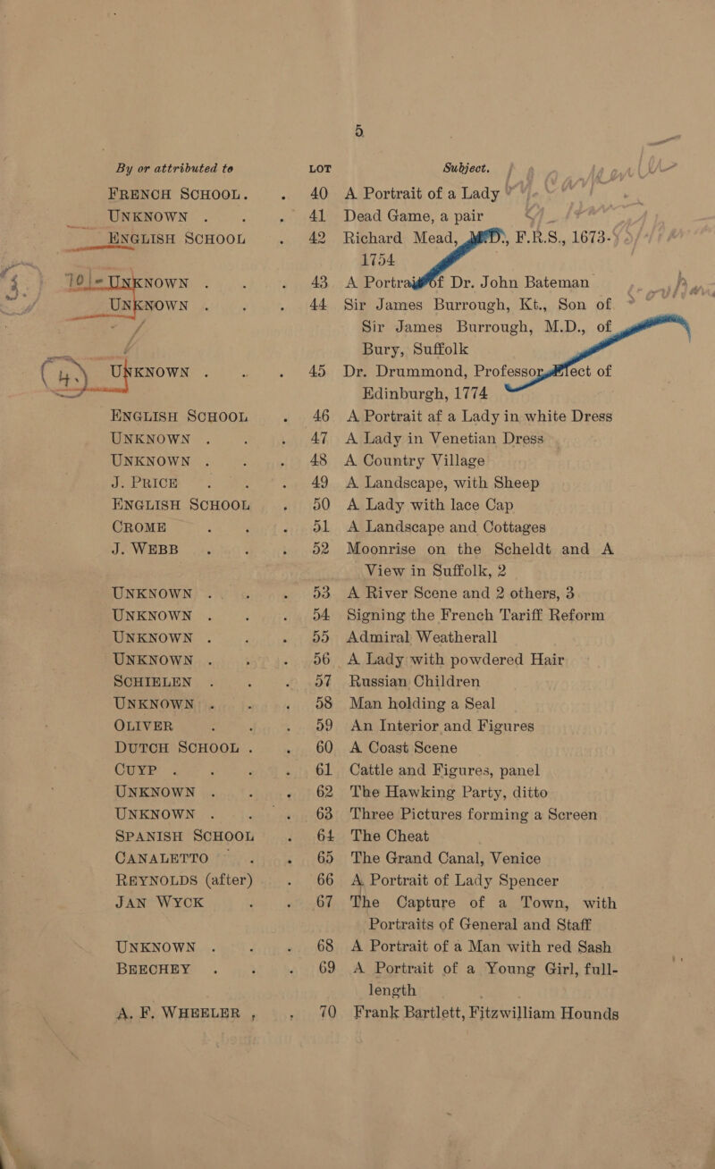 » Cary * 6 b) UNKNOWN ENGLISH SCHOOL 10 |= UNKNOWN eg } ae C bh) : Uk KNOWN ENGLISH SCHOOL UNKNOWN UNKNOWN J. PRICE ENGLISH SCHOOL CROME J. WEBB UNKNOWN UNKNOWN UNKNOWN UNKNOWN SCHIELEN UNKNOWN OLIVER DUTCH SCHOOL . CUuUYP UNKNOWN UNKNOWN SPANISH SCHOOL CANALETTO REYNOLDS (after) JAN WyYCK UNKNOWN BEECHEY A. F, WHEELER , 40) Al 42 43 44 45 46 47 48 49 50 o1 52 D3 D4. 435) 56 ov 58 o9 60 61 62 63 64 65 66 67 68 69 70 A Portrait of a Lady ” © Dead Game, a pair Richard Mead, JD, F.R.S., 1673-  f Dr. John Bateman Sir James Burrough, Kt., Son of Sir James Burrough, M.D., of Bury, Suffolk Dr. Drummond, Professo Edinburgh, 1774 A Portrait af a Lady in white Dress A Lady in Venetian Dress A Country Village A Landscape, with Sheep A Lady with lace Cap A Landscape and Cottages Moonrise on the Scheldt and A View in Suffolk, 2 A River Scene and 2 others, 3 Signing the French Tariff Reform Admiral Weatherall   Russian Children Man holding a Seal An Interior and Figures A Coast Scene Cattle and Figures, panel The Hawking Party, ditto Three Pictures forming a Screen The Cheat The Grand Canal, Venice . Portrait of Lady Spencer the Capture of a Town, with Portraits of General and Staff A Portrait of a Man with red Sash A Portrait of a Young Girl, full- length Frank Bartlett, Fitzwilliam Hounds