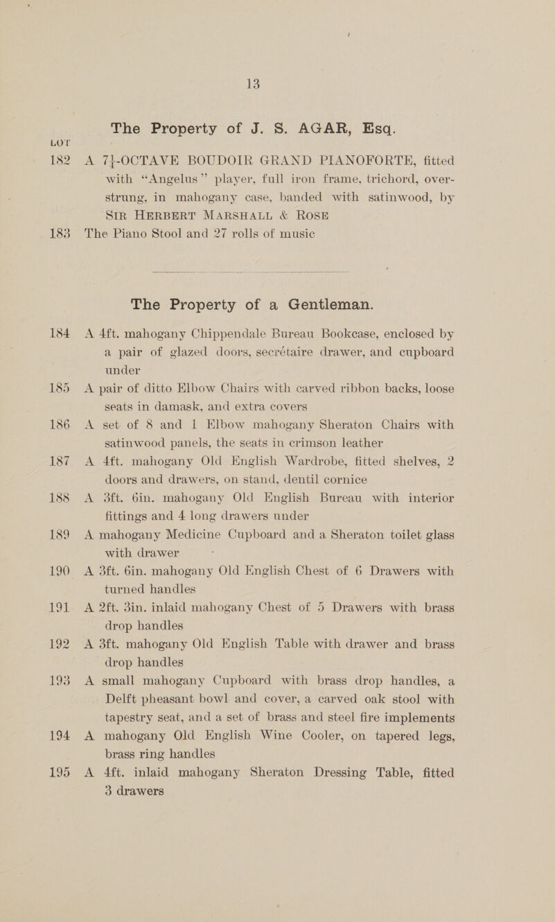 , 183 184 194 195 13 The Property of J. S. AGAR, Esq. A 74-OCTAVE BOUDOIR GRAND PIANOFORTH, fitted with “Angelus” player, full iron frame, trichord, over- strung, in mahogany case, banded with satinwood, by SIR HERBERT MARSHALL &amp; ROSE The Piano Stool and 27 rolls of music  The Property of a Gentleman. A 4ft. mahogany Chippendale Bureau Bookcase, enclosed by a pair of glazed doors, secrétaire drawer, and cupboard under A pair of ditto Elbow Chairs with carved ribbon backs, loose seats in damask, and extra covers A set of 8 and | Elbow mahogany Sheraton Chairs with satinwood panels, the seats in crimson leather A 4ft. mahogany Old English Wardrobe, fitted shelves, 2 doors and drawers, on stand, dentil cornice A 3ft. 6in. mahogany Old English Bureau with interior fittings and 4 long drawers under A mahogany Medicine Cupboard and a Sheraton toilet glass with drawer turned handles A 2ft. 3in. inlaid mahogany Chest of 5 Drawers with brass drop handles | A 3ft. mahogany Old English Table with drawer and brass drop handles | A small mahogany Cupboard with brass drop handles, a ~ Delft pheasant bowl and cover, a carved oak stool with tapestry seat, and a set of brass and steel fire implements A mahogany Old English Wine Cooler, on tapered legs, brass ring handles A 4ft. inlaid mahogany Sheraton Dressing Table, fitted 3 drawers