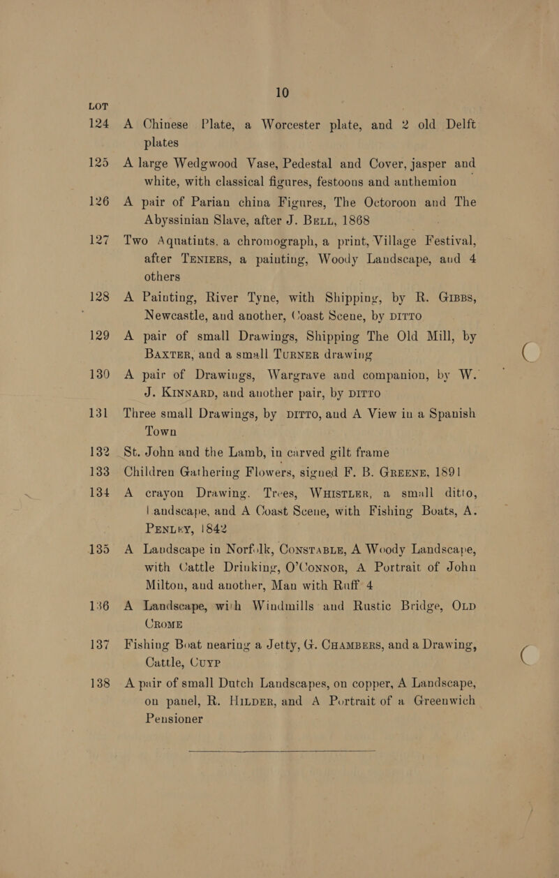 137 138 10 A Chinese Plate, a Worcester plate, and 2 old Delft plates A large Wedgwood Vase, Pedestal and Cover, jasper and white, with classical figures, festoons and anthemion A pair of Parian china Figures, The Octoroon and The Abyssinian Slave, after J. Beni, 1868 Two Aquatints, a chromograph, a print, Village Festival, after TENIERS, a painting, Woody Landscape, aud 4 others A Painting, River Tyne, with Shipping, by R. Grsss, Newcastle, and another, Coast Scene, by DITTO A pair of small Drawings, Shipping The Old Mill, by Baxter, and a small TurNER drawing A pair of Drawings, Wargrave and companion, by W. J. KINNARD, and another pair, by Dirro Three small Drawings, by pbirro, and A View in a Spanish Town ; Children Gathering Flowers, signed F. B. GREENE, 1891 A crayon Drawing, Trees, WHISTLER, a small ditto, landscape, and A Coast Scene, with Fishing Boats, A. PENLKY, 1842 A Landscape in Norfolk, Constasie, A Woody Landscape, with Cattle Drinking, O’Connor, A Portrait of John Milton, and another, Man with Ruff 4 A Landscape, with Windmills and Rustic Bridge, OLD CROME Fishing Boat nearing a Jetty, G. CoAmBeErs, and a Drawing, Cattle, Cuyp A pair of small Dutch Landscapes, on copper, A Landscape, on panel, R. HinpeEr, and A Portrait of a Greenwich Pensioner 