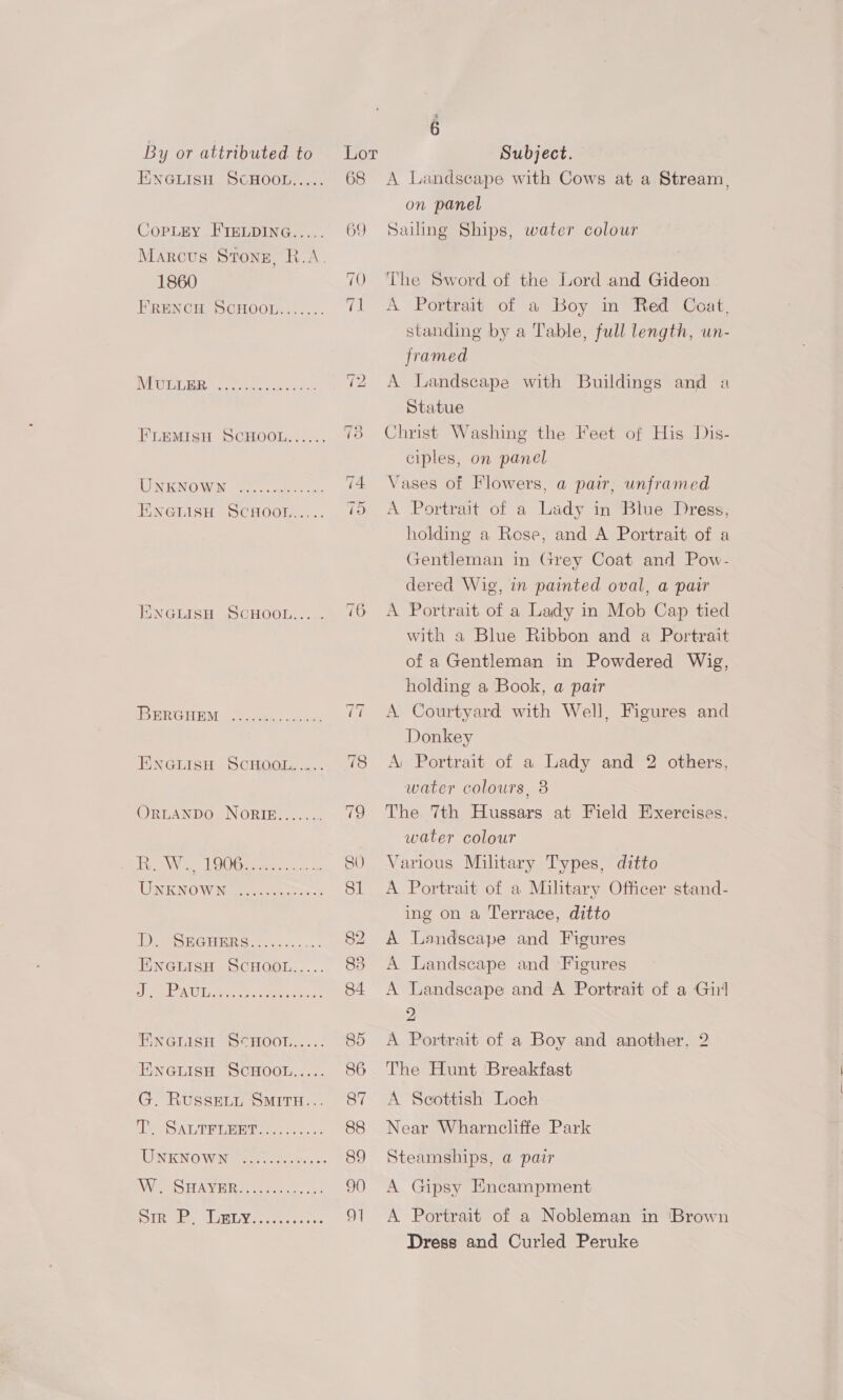 ENGLISH SCHOOL..... CoPLEY FIELDING..... Marcus Stone, R.A. 1860 FRENCH SCHOOL....... eeee eee eee ee ere eee eee ee nee ae ENGLISH SCHOOL... BERGHEM ICNGIneH -OCHOGLE = . ORLANDO NORIE....... DE WV eck) Osa ao UNKNOWN eee t terete eee DSS EGHER SG: vas... : ENGLISH SCHOOL..... SPOT ES ay ay ee ee ee HNGLISH ScHOOL..... ENGLISH SCHOOL..... G. Russevut SmMi1rn... T. SALTFLEET.......... UNKNOWN EVV Er AND Wee pea et; 68 69 76 ~] =< 82 é A Landscape with Cows at a Stream, on panel Sailing Ships, water colour The Sword of the Lord and Gideon A Portrait of a Boy in Red Coat, standing by a Table, full length, un- framed A Landscape with Buildings and a Statue Christ Washing the Feet of His Dis- ciples, on panel Vases of Flowers, a pair, unframed A Portrait of a Lady in Blue Dress, holding a Rose, and A Portrait of a Gentleman in Grey Coat and Pow- dered Wig, in painted oval, a pair A Portrait of a Lady in Mob Cap tied with a Blue Ribbon and a Portrait of a Gentleman in Powdered Wig, holding a Book, a pair A Courtyard with Well, Figures and Donkey A: Portrait of a Lady and 2 others, water colours, 8 The 7th Hussars at Field Exercises, water colour Various Military Types, ditto A Portrait of a Military Officer stand- ing on a Terrace, ditto A Landscape and Figures A Landscape and Figures A Landscape and A Portrait of a Girl 2 A Portrait of a Boy and another, 2 The Hunt Breakfast A Scottish Loch Near Wharncliffe Park Steamships, a pair A Gipsy Encampment A Portrait of a Nobleman in Brown Dress and Curled Peruke