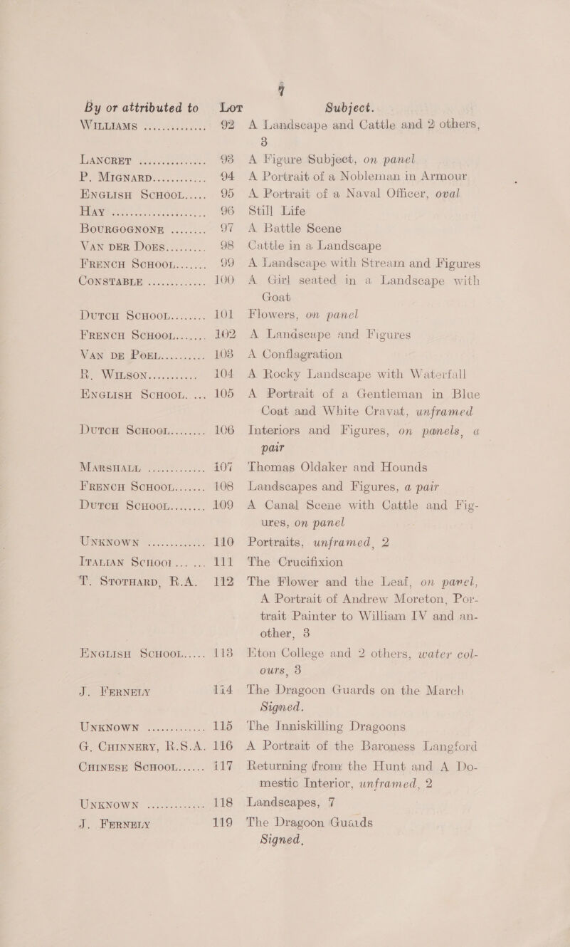 WinEIAMS So. ace oes 92, TGANCRET f.ni.0 02a cells G3 IP OMIGNARD 0.6060... 94. ENGLISH SCHOOL..... 95 |G. eae ie a 96 BoOURGOGNONE ........ 97 VAN DER Dore......... 98 FRENCH SCHOOL....... ce CONSTABLE ............. 100 Durce SCHOOL. :.... Loy FRENCH SCHOOL....... 102 Van De POmL.......... 108 ie WEDBOIN olncsea saa 104 EwneuisH ScHoon..... 105 DutcH ScHool........ 106 MARSHALL ....0.0...00. 107 FRENCH SCHOOL....... 108 Duren ScHooz........ 109 UNKNOWN eee. 13 Ss 110 ITALIAN SCMOO?... ... ttt YT. SToTHarD, R.A. 112 ENGLISH SCHOOL..... 1138 J. FRRNELY 114 IEPRIRNOWN (0 ...5005aa xe: 114 G,. Cuinnery, R.S.A. 116 CHINESE SCHOOL...... 117 WINEINOWN siscec candies 118 J. FRERNELY 119 9 A Landscape and Cattle and 2 others, 3 A Figure Subject, on panel A Portrait of a Nobleman in Armour A Portrait of a Naval Officer, oval Still Life A Battle Scene Cattle in a Landscape A Landscape with Stream and Figures A Girl seated in a Landscape with Goat Flowers, on panel A Landscape and Figures A Conflagration A Rocky Landscape with Waterfall A Portrait of a Gentleman in Blue Coat and White Cravat, unframed Interiors and Figures, on panels, a pair Thomas Oldaker and Hounds Landscapes and Figures, a pair A Canal Scene with Cattle and Fig- ures, on panel Portraits, unframed, 2 The Crucifixion The Flower and the Leaf, on panei, A Portrait of Andrew Moreton, Por- trait Painter to William IV and an- other, 3 Eton College and 2 others, water col- ours, 3 The Dragoon Guards on the March Signed. The Inniskilling Dragoons A Portrait of the Baroness Langford Returning fromy the Hunt and A Do- mestic Interior, wnframed, 2 Landscapes, 7 The Dragoon Guaids Signed,
