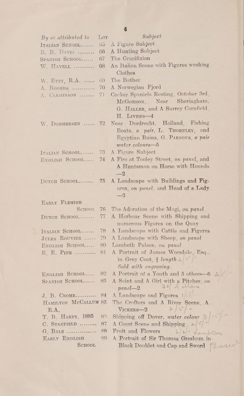 By or attributed to ITALIAN SCHOOL....... BR. SPANISH SCHOOL...... Wy, LAME Cah ofeeeen 68 W. Hoyo Re Ar ian as 69 VA: MER OS gel? cota, on ay 70 A. CLEMINSON \....0.. ia W. DoMMERSEN ...... 79 ITALIAN SCHOOL....... 73 ENGLISH SCHOOL..... 74 mercy OCHOOL..,...» 15 Barty FLEMISH Scuoor. 76 DutcH SCHOOL........ 77 [TALIAN SCHOOL......: 78 JULES ROUVIERW.-+--- 79 ENGLISH SCHOOL..... 80 ie ee IN rete. .s hss 81 SPANISH SCHOOL...... Q3 yersio 1 GROMM ee ans Q4. Hamiuton McCanium 85 RA. T B. Harpy, 1885 84% Ge “STANETELD J .2o..505 Q7 (em ALYcace econ e sate « Qg Earty ENGLISH 89 ScHOOL 6 Subject A Figure Subject A Hunting Subject The Crucifixion An Italian Scene with Figures washing Clothes The Bather A Norwegian Fjord Cocker Spaniels Resting, October 8rd, McGorpvon, Near Sheringham, G. Harier, and A Surrey Cornfield, H. Livens—4 Near Dordrecht, Holland, Fishing Boats, @ pair, L. THornugy, and Kegyptian Ruins, G. Parsons, a pair water colours—d A Figure Subject A Fire at Tooley Street, on panel, and A Huntsman on Horse with Hounds —2 A Landscape with Buildings and Fig- ures, on panel, and Head of a Lady —2, The Adoration of the Magi, on panel A Harbour Scene with Shipping and numerous Figures on the Quay A Landscape with Cattle and Figures A Landscape with Sheep, on panel Lambeth Palace, on panel A Portrait of James Worsdale,, Esq., in Grey Coat, 2? length 2. Sold with engraving. A Saint and A Girl ae a Eiyeher, on panel—2 Sof A ies A. Landscape and Figures ! The Crofters and A River Scene, A. VICKERS—2 ? Shipping off Dover, water ate < A Coast Scene and Shipping »/*/ ~ Fruit and Flowers tae i 