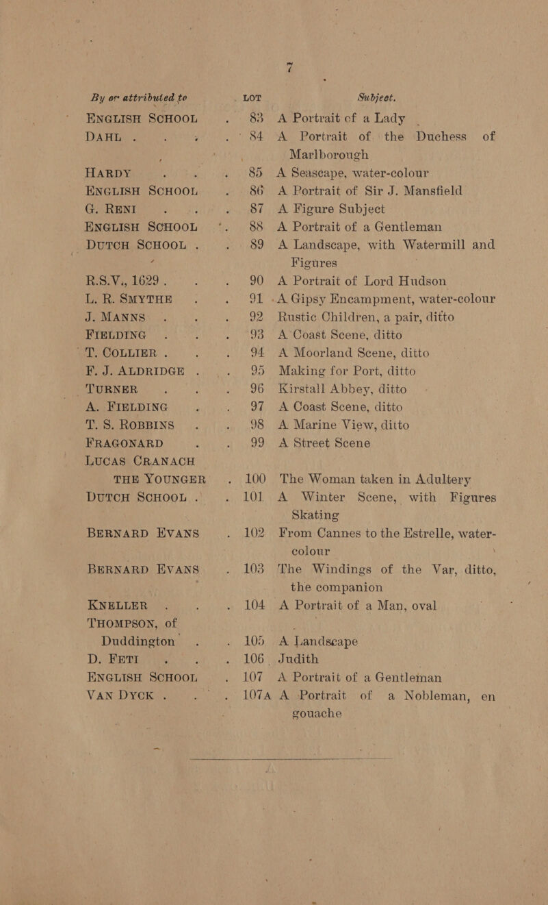 ENGLISH SCHOOL DAHL HARDY 2 ENGLISH SCHOOL G. RENI ENGLISH SCHOOL _ DutTCcH SCHOOL . R.S.V., 1629 . L. R. SMYTHE J. MANNS FIELDING -'T, COLLIER . F. J. ALDRIDGE TURNER A. FIELDING T. S. ROBBINS FRAGONARD LUCAS CRANACH BERNARD EVANS BERNARD EVANS KNELLER THOMPSON, of Duddington D. FETI ENGLISH SCHOOL VAN DYCK . 104 105 107 A Portrait of. the Duchess. of Marlborough A Seascape, water-colour A Portrait of Sir J. Mansfield A Figure Subject A Portrait of a Gentleman A Landscape, with Watermill and Figures : A Portrait of Lord Hudson Rustic Children, a pair, ditto A Coast Scene, ditto A Moorland Scene, ditto Making for Port, ditto Kirstall Abbey, ditto A Coast Scene, ditto A Marine View, ditto A Street Scene The Woman taken in Adultery A Winter Scene, with Figures Skating From Cannes to the Estrelle, water- colour The Windings of the Var, ditto, the companion A Landseape Judith A Portrait of a Gentleman a Nobleman, en gouache 