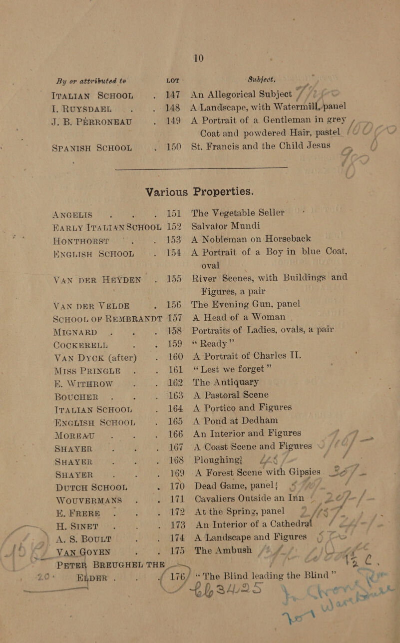 By or attributed te LOT ° Subject. ITALIAN SCHOOL . 147 An Allegorical Subject / I. RUYSDAEL . 148 <A Landscape, with Watermill, panel J. B. PERRONEAU 149 A Portrait of a Gentleman in grey , | Coat and powdered Hair, pastel / SPANISH SCHOOL 150 St. Francis and the Child Jesus  ANGELIS HONTHORST 153. A Nobleman on Horseback ENGLISH SCHOOL 154 <A Portrait of a Boy in blue Coat, oval . VAN DER H#YDEN | 155 River Scenes, with Buildings and Figures, a pair VAN DER VELDE 156 The Evening Gun, panel The Vegetable Seller Salvator Mundi A Head of a Woman | MIGNARD 158 Portraits of Ladies, ovals, a pair COCKERELL 159 “Ready” VAN DyYOK (after) 160 <A Portrait of Charles II. MISS PRINGLE 161 “Lest we forget” K. WIrTHROW 162 The Antiquary BOUCHER ‘163. A Pastoral Scene ITALIAN SCHOOL 164 A Portico and Figures ENGLISH SCHOOL 165 A Pond at Dedham MOREAU 166 An Interior and Figures SHAYER 167 A Coast Scene and Figures | SHAYER 168 Ploughing: CLS j SHAYER 164) A Forest ins Tit Gipsies 3S / DUTCH scuoan 170 Dead Game, panel j GAS é WOUVERMANS 171 Cavaliers Outside an Inn Ce, E.FRERE . 172 Atthe Spring, panel 9/797 ~ H. SINET 173 An Interior of a Cathedra 4 2A | A. S. BouLT 174 A Landscape and Figures ¢ A aS YVAN. GOYEN . 2/175 The Ambush /2f : PETER BREUGHEL THE .. (6 ie. EQDER f 176) 6) « The Blind pag the Blind” ae 4 LY 3H2 \ Chee. AY 25 Ps \