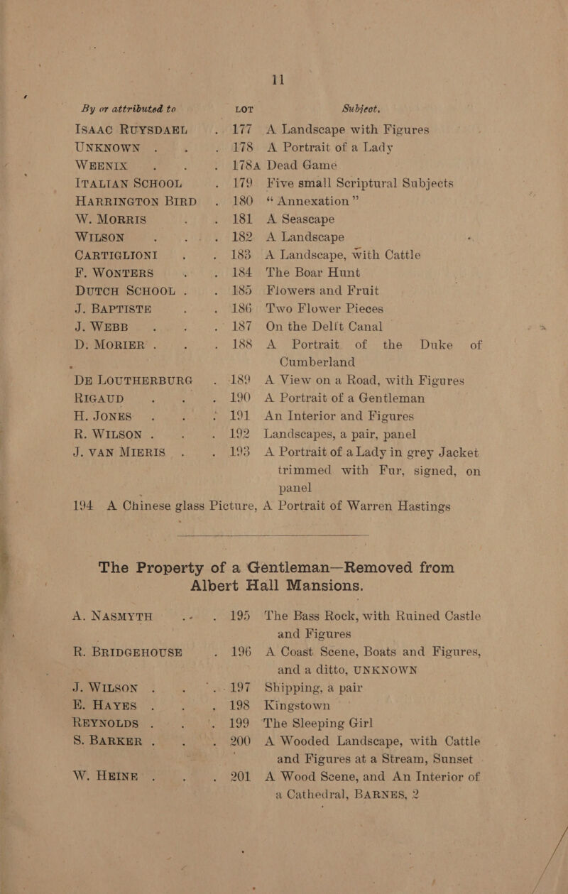 ISAAC RUYSDAEL UNKNOWN WEENIX ITALIAN SCHOOL HARRINGTON BIRD W. MORRIS WILSON CARTIGLIONI F, WONTERS DUTCH SCHOOL . J. BAPTISTE J. WEBB D: MORIER . DE LOUTHERBURG RIGAUD , H. JONES: R. WILSON . J. VAN MIERIS 178 178A 179 180 181 182 183 184. 185 186 187 188 190 191 192 193 11 A Landscape with Figures A Portrait of a Lady Dead Game Five small Scriptural Subjects * Annexation ” A Seascape A Landscape A Landscape, with Cattle The Boar Hunt Flowers and Fruit Two Flower Pieces On the Delft Canal — A Portrait. of the Cumberland A View on a Road, with Figures A Portrait of a Gentleman An Interior and Figures Landscapes, a pair, panel A Portrait of.a Lady in grey Jacket irimmed with Fur, signed, on panel Duke of  A. NASMYTH . R. BRIDGEHOUSE J. WILSON EK. HAYES REYNOLDS S. BARKER . W. HEINE The Bass Rock, with Ruined Castle and Figures A Coast Scene, Boats and Figures, and a ditto, UNKNOWN Shipping, a pair Kingstown The Sleeping Girl A Wooded Landscape, with Cattle and Figures at a Stream, Sunset A Wood Scene, and An Interior of