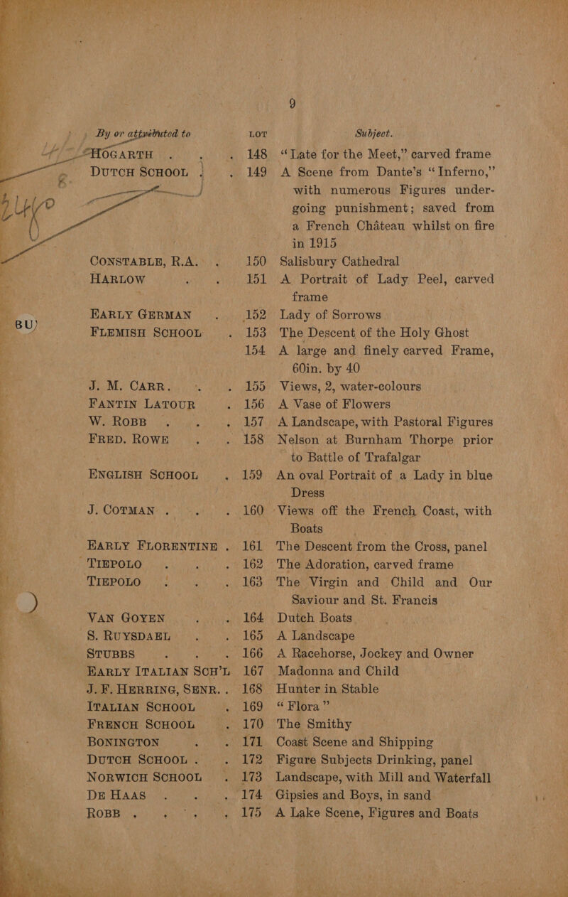    , By or atteituted to LOT “(t HOGARTH st ga, 148 DutcH ScHoOOL . . 149 eer) CONSTABLE, R.A. 150 HARLOW 151 ‘ EARLY GERMAN 152 pu FLEMISH SCHOOL 153 | 154 . J. M. CARR. 155 ¥ FANTIN LATOUR 156 “ W. RoBB caine HY; . FRED. ROWE Bi RS ENGLISH SCHOOL . 159 J. COTMAN . ey LOW EARLY FLORENTINE . 161 4 _ 'TIEPOLO 162 1 TIEPOLO | 163 Tes. VAN GOYEN 164 §. RUYSDAEL 165 ; _ STUBBS ; 166 : HARLY ITALIAN Son’ iva sy J.F. HERRING, SENR.. 168 ITALIAN SCHOOL 169 FRENCH SCHOOL 170 BONINGTON 171 DUTCH SCHOOL . 172 NORWICH SCHOOL 173 DE Haas 174 175 ROBB . .  Subject. “Tate for the Meet,” carved frame A Scene from Dante’s ‘“ Inferno,” with numerous Figures under- going punishment; saved from a French Chateau whilst on fire in 1915 Salisbury Cathedral A Portrait of Lady Peel, carved frame Lady of Sorrows The Descent of the Holy Ghost A large and finely carved Frame, 60in. by 40 Views, 2, water-colours A Vase of Flowers A Landscape, with Pastoral Figures Nelson at Burnham Thorpe prior to Battle of Trafalgar An oval Portrait of a Lady in blue Dress Boats | The Descent from the Cross, panel The Adoration, carved frame Saviour and St. Francis Dutch Boats A Landscape A Racehorse, Jockey and Owner &amp; Ripra:? Coast Scene and Shipping Figure Subjects Drinking, panel Landscape, with Mill and Waterfall A Lake Scene, Figures and Boats
