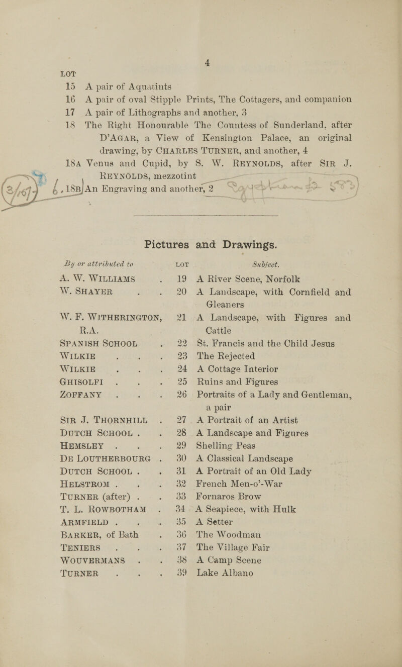15 A pair of Aquatints 16 A pair of oval Stipple Prints, The Cottagers, and companion 17 A pair of Lithographs and another, 3 18 The Right Honourable The Countess of Sunderland, after D’AGAR, a View of Kensington Palace, an original drawing, by CHARLES TURNER, and another, 4 18a Venus and Cupid, by 8. W. REYNOLDS, after SIR J. wee REYNOLDS, megzzotint . AM. 3 } as fb. 18B/An Engraving and another, 29 Ranebrewren ge OY   Pictures and Drawings. By or attributed to LOT Subject. A. W. WILLIAMS . 19 &lt;A River Scene, Norfolk W. SHAYER i . 20 A Landscape, with Cornfield and Gleaners W. F. WITHERINGTON, 21 .A Landscape, with Figures and R.A. . Cattle SPANISH SCHOOL 22 St. Francis and the Child Jesus WILKIE 23 The Rejected Mas 24 &lt;A Cottage Interior GHISOLFI . 25 Ruins and Figures ZOFFANY 26 Portraits of a Lady and Gentleman, a pair Sir J. THORNHILL . 27. A Portrait of an Artist DUTCH SCHOOL . . 28 A Landscape and Figures HEMSLEY . : . 29 Shelling Peas DE LOUTHERBOURG . 30 A Classical Landscape DUTCH SCHOOL . . 3l A Portrait of an Old Lady HELSTROM . : . 932 French Men-o’-War TURNER (after) . . 383 Fornaros Brow T. L. ROWBOTHAM . 34. A Seapiece, with Hulk ARMFIELD . : .. 30 -GA) Setter BARKER, of Bath . 36 The Woodman TENIERS . : . of The Village Fair WOUVERMANS . . 33 A Camp Scene TURNER. . . 39 Lake Albano