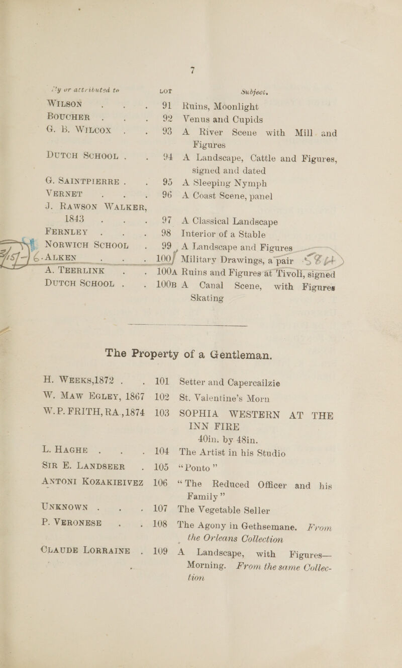   ‘ly or attributed to LOT Subject. WILSON : . 91 Ruins, Moonlight BOUCHER . . 92 Venus and Cupids ' G. B. WILCOX - 93 A River Scene with Mill. and | Figures DUTCH SCHOOL . . 9 A Landscape, Cattle and Figures, signed and dated G. SAINTPIERRE . . 95 <A Sleeping Nymph VERNET 96 A Coast Scene, panel J. RAWSON aga ee . 97 A Classical Landscape FERNLEY . . 98 Interior of a Stable E NORWIcH SCHOOL . 99 A Landscape and Figures _ eee -ALKEN _ eo eee e 100f Military Drawings, a” pair ‘> Sit > A. TEERLINK . . 100A Ruins and Figures at Tivoli, signed DUTCH SCHOOL . - 100B A Canal Scene, with Figures Skating  The Property of a Gentleman. H. WEEKS,1872 . . 101 Setter and Capercailzie W. Maw EGuEy, 1867 102 St. Valentine’s Morn W.P. FRITH, RA.,1874 103 SOPHIA WESTERN AT THE INN FIRE A0in. by 48in. L. HAGHE ., ; . 104 The Artist in his Studio SIR E. LANDSEER . 105 “Ponto” ANTONI KOZAKIEIVEZ 106 “The Reduced Officer and his Family ” UNKNOWN . ; - lO? The Vegetable Seller P. VERONESE . - 108 The Agony in Gethsemane. Fyrom _ the Orleans Collection CLAUDE LORRAINE . 109 A Landscape, with Figures— Morning. From the same Collec- tion