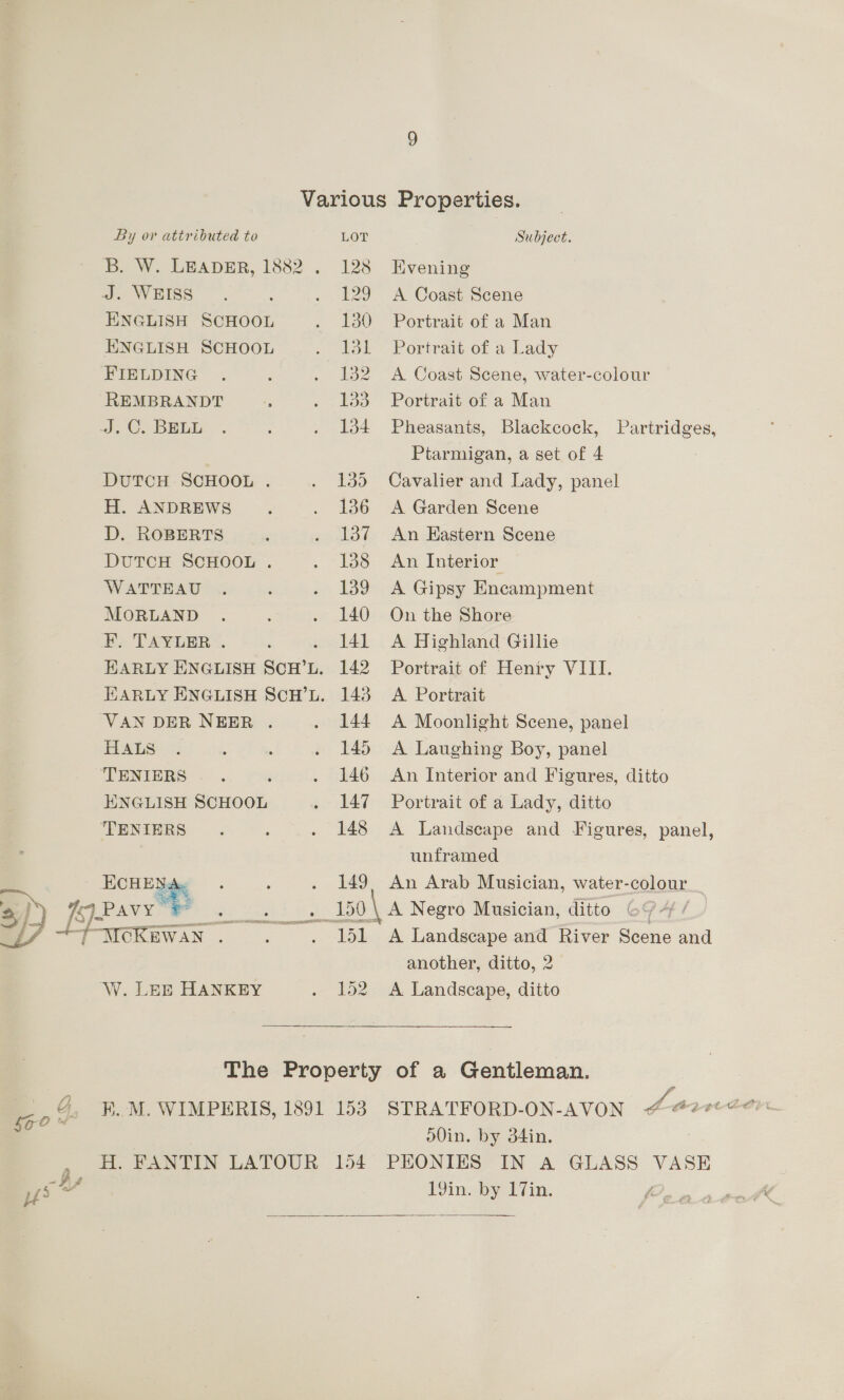 =. 2} _/ Py ae He 4 fi £4 By or attributed to B. W. LEADER, 1882 . ENGLISH SCHOOL ENGLISH SCHOOL REMBRANDT DUTCH SCHOOL . H. ANDREWS D. ROBERTS DUTCH SCHOOL. WATTEAU MORLAND F. TAYLER . EARLY ENGLISH say L. VAN DER NEER . HALS ENGLISH SCHOOL  CKiNin W. LEE HANKEY LOT Subject. 128 Evening 129 A Coast Scene 130 Portrait of a Man Io Portrait of a-Lady 132 A Coast Scene, water-colour ido Portrarvot a Man 134 Pheasants, Blackcock, Partridges, Ptarmigan, a set of 4 135 Cavalier and Lady, panel 136 <A Garden Scene 137 An Kastern Scene 138 An Interior 139 A Gipsy Encampment 140 On the Shore 141 A Highland Gillie 142 Portrait of Henry VIII. 143 A Portrait 144 A Moonlight Scene, panel 145 <A Laughing Boy, panel 146 An Interior and Figures, ditto 147 Portrait of a Lady, ditto 148 <A Landscape and Figures, panel, unframed 149, An Arab Musician, water-colour _ 151 A Landscape and River Scene and another, ditto, 2 152 A Landscape, ditto oOin. by 34in. 19in. by L7in. 