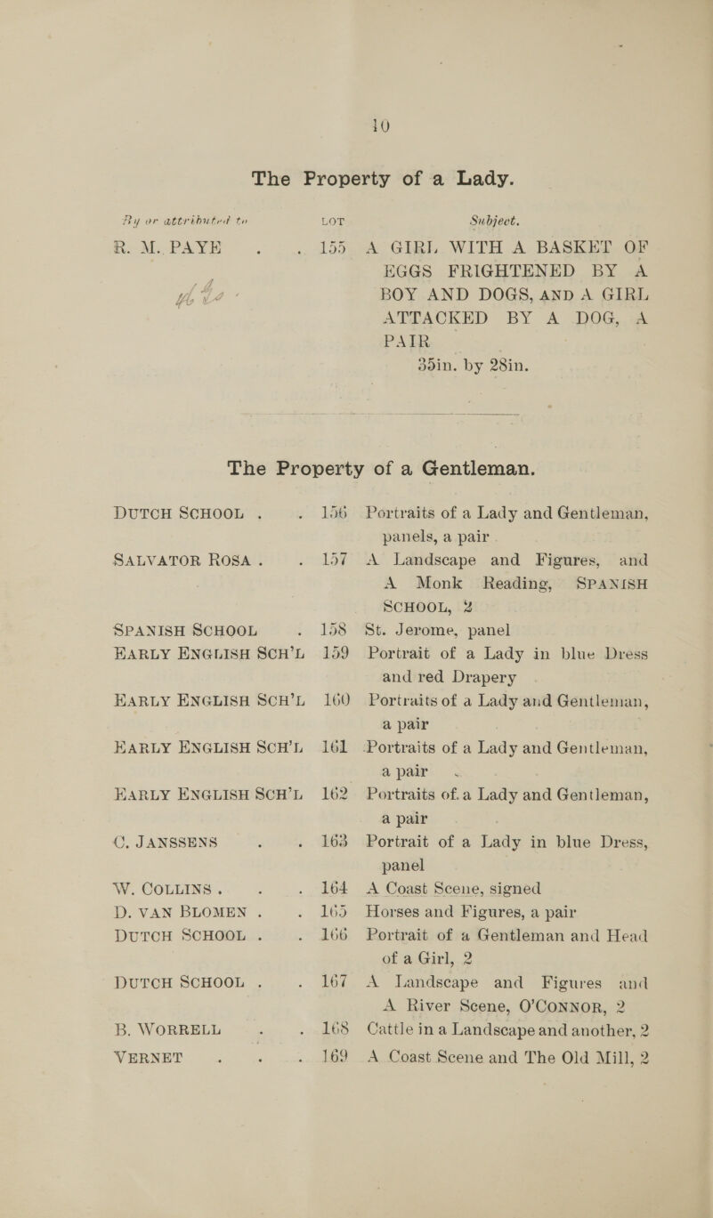 10 Ry or attrbibuted te R. M.. PAYE , 4 , = aS co 0 3 155 Subject. A GIRL. WITH A BASKET OF EGGS FRIGHTENED BY A BOY AND DOGS, AND A GIRL ATTACKED BY A DOG, A PAIR, doin. by 28in.  DUTCH SCHOOL . SALVATOR ROSA. SPANISH SCHOOL EARLY ENGLISH SCH’L EARLY ENGLISH SCH’L EARLY ENGLISH SCH’L EARLY ENGLISH SCH’L ©, JANSSENS W. CoLuINns. D. VAN BLOMEN . DUTCH SCHOOL . DUTCH SCHOOL . B. WORRELL VERNET 156 157 Portraits of a Lady and Gentleman, panels, a pair A Landscape and Figures, and A Monk Reading, SPANISH SCHOOL, 2 St. Jerome, panel Portrait of a Lady in blue Dress and red Drapery Portraits of a Lady and Gentleman, a pair a pair Portraits of.a Lady and Gentleman, a pair Portrait of a Lady in blue Dress, panel A Coast Scene, signed Horses and Figures, a pair Portrait of a Gentleman and Head af aGirl, 2 A landscape and Figures and A River Scene, O’CONNOR, 2 Cattle in a Landscape and another, 2 A Coast Scene and The Old Mill, 2