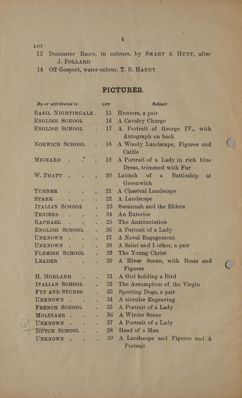 4 LOT | 13 Doncaster Races, in colours, by SMART &amp; HUNT, after J. POLLARD : 14 Off Gosport, water-colour, T. B. HARDY PICTURES. | By or attributed to LOT Subject ENGLISH SCHOOL ENGLISH SCHOOL NORWICH SCHOOL MIGNARD W. PRATT TURNER STARK ; ITALIAN SCHOOL TENIERS . RAPHAEL ENGLISH SCHOOL UNKNOWN UNKNOWN FLEMISH SCHOOL LEADER H. MORLAND ITALIAN SCHOOL FYT AND STUBBS UNKNOWN FRENCH SCHOOL MOLINAER . UNKNOWN . DuTCcH SCHOOL . UNKNOWN 16 17 18 oe 20 30 Hunters, a pair A Cavalry Charge A Portrait of George IV., with Autograph on back A Woody Landscape, Figures and Cattle A Portrait of a Lady in rich blue Dress, trimmed with Fur Launch of a_ Battleship at Greenwich A Classical Landscape A Landscape Susannah and the Elders An Exterior The Annunciation A Portrait of a Lady A Naval Engagement A Saint and 1 other, a pair The Young Christ A River Scene, with Boats and Figures A Girl holding a Bird The Assumption of the Virgin Sporting Dogs, a pair © A circular Engraving A Portrait of a Lady A Winter Scene A Portrait of a Lady Head of a Man A Landscape and Figures and A Portrait