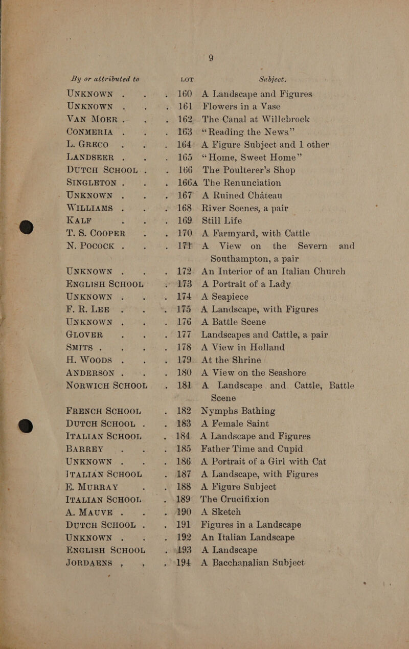 ee   By or attributed to UNKNOWN UNKNOWN VAN MOER. CONMERIA L. GRECO LANDSEER SINGLETON . UNKNOWN WILLIAMS KALF T. S. COOPER N. POCOCK *. UNKNOWN UNKNOWN F. R. LEE UNKNOWN GLOVER SMITS . H. Woops ANDERSON . FRENCH SCHOOL ITALIAN SCHOOL BARREY UNKNOWN JTALIAN SCHOOL E. MURRAY ITALIAN SCHOOL A. MAUVE UNKNOWN JORDAENS , Subject. A Landscape and Figures Flowers in a Vase The Canal at Willebrock “Reading the News” A Figure Subject and 1 other ‘* Home, Sweet Home” The Poulterer’s Shop The Renunciation A Ruined Chateau River Scenes, a pair Still Life A Farmyard, with Cattle A View on the Severn and Southampton, a pair An Interior of an Italian Church A Portrait of a Lady A Seapiece A Landscape, with Figures A Battle Scene Landscapes and Cattle, a pair A View in Holland At the Shrine A View on the Seashore A Landscape and. Cattle, Battle Scene Nymphs Bathing A Female Saint A Landscape and Figures Father Time and Cupid A Portrait of a Girl with Cat A Landscape, with Figures A Figure Subject The Crucifixion A Sketch Figures in a Landscape An Italian Landscape A Landscape A Bacchanalian Subject