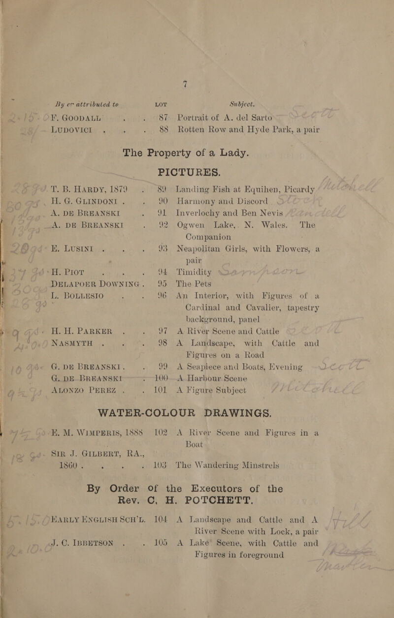  a LP ST ee ee By cm attributed to LOT Subject. i’, GOODALL . . 87: Portrait of A. del Sarto LUDOVICI . ; . 88 Rotten Row and Hyde Park, a pair The Property of a Lady. PICTURES. | T. B. HARDY, 1879 . 89 Landing Fish at Equihen, Picardy H. G. GLINDONI . . 90 Harmony and Discord A. DE BREANSKI . 91 Inverlochy and Ben Nevis A. DE BREANSKI . 92 Ogwen Lake,. N. Wales. The Companion ; Ii. LUSINI .. : . 93 Neapolitan Girls, with Flowers, a . pair Ao H, PIoT ; 2) 4a Timidity DELAPOER DOWNING. 95 The Pets Cardinal and Cavalier, tapestry background, panel Pet. PARKER, . J¢ A- River Scene and Cattle NASMYTH . . 98 A Landscape, with Cattle and Figures on a Road G. DE BREANSK1. . 99 A Seapiece and Boats, Evening G. DE. BREANSKI . 100-A Harbour Scene ALONZO PEREZ , . 101 A Figure Subject WATER-COLOUR DRAWINGS. Boat SIR J. GILBERT, RA., 1860 . : : . 103 The Wandering Minstrels By Order Of the Executors of the Rev. C, H. POTCHETT. HARLY ENGLISH SCH’L. 104 A Landscape and Cattle and A River Scene with Lock, a pair J.C. IBBETSON . . 105 A Laké* Scene, with Cattle and Figures in foreground