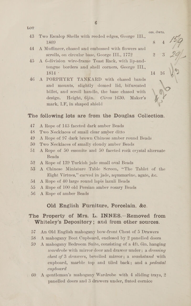 LOT ozs. dwts. 43 Two Escalop Shells with reeded edges, George III., Lg 1809 s 4 4H 44 A Muffineer, chased and embossed with flowers and how scrolls, on circular base, George III., 1772 ees. a G/ 45 A 6-division wire-frame Toast Rack, with lip-and- 4 tongue borders and shell corners, George IIL, \ \ - 1814 ° 14 16 \ve 46 A PORPHYRY TANKARD with chased bands and mounts, slightly domed lid, bifurcated  billet, and scroll handle, the base chased with \ Q? | design. Height, 64in. Crrca 1630. Maker’s y c mark, [.F, in shaped shield The following lots are from the Douglas Collection. 47 <A Rope of 143 faceted dark amber Beads 48 Two Necklaces of small clear amber ditto 49 <A Rope of 97 dark brown Chinese amber round Beads 20 Two Necklaces of smally cloudy amber Beads 51 <A Rope of 50 essonite and 50 faceted rock crystal alternate Beads 22 A Rope of 139 Turkish jade small oval Beads 53. A Chinese Miniature Table Screen, “The Tablet of the Eight Virtues,” carved in jade, aquamarine, agate, &amp;c. 54 <A Rope of 40 large round lapis lazuli Beads 55 A Rope of 100 old Persian amber rosary Beads 96 <A Rope of amber Beads Old English Furniture, Porcelain, &amp;c. The Property of Mrs. L. INNES.—Removed from Whiteley’s Depository; and from other sources. 57 An Old English mahogany bow-front Chest of 5 Drawers 58 A mahogany Boot Cupboard, enclosed by 2 panelled doors _ 59 A mahogany Bedroom Suite, consisting of a 4ft. bin. hanging wardrobe with mirror door and drawer under ; a dressing chest of 3 drawers, bevelled mirror; a washstand with cupboard, marble top and tiled back; and a pedestal cupboard . 60 A igentleman’s mahogany Wardrobe with 4 sliding trays, 2 panelled doors and 3 drawers under, fluted cornice