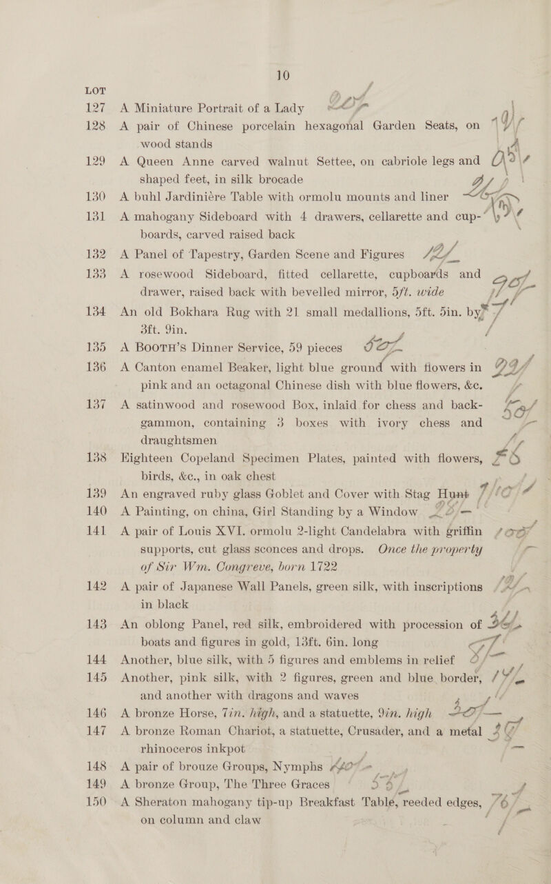 ¥ gf i reall A Miniature Portrait of a Lady pea yf A pair of Chinese porcelain hexagonal Garden Seats, on wood stands ; shaped feet, in silk brocade Xf A buhl Jardiniére Table with ormolu mounts and liner ca AN) A mahogany Sideboard with 4 drawers, cellarette and cup-° \ 7 “4 boards, carved raised back A Panel of Tapestry, Garden Scene and Figures ey A rosewood Sideboard, fitted cellarette, cupboards and drawer, raised back with bevelled mirror, d/¢. wide Blt Gin. It wa A BootnH’s Dinner Service, 59 pieces oy A Canton enamel Beaker, light blue SUR with fiowers in pink and an octagonal Chinese dish with blue flowers, &amp;c. A satinwood and rosewood Box, inlaid for chess and back- gammon, containing 3 boxes with ivory chess and draughtsmen Py af f f birds, &amp;c., in oak chest A Painting, on china, Girl Standing by a Window G, P - A pair of Louis XVI. ormolu 2-light Candelabra with griffin supports, cut glass sconces and drops. Once the property of Sir Wm. Congreve, born 1722 A pair of Japanese Wall Panels, green silk, with inscriptions in black Nes Another, pink silk, with 2 figures, green and blue. border, and another with dragons and waves Y/, A bronze Roman Chariot, a statuette, Crusader, and a metal rhinoceros inkpot . A pair of brouze Groups, Nymphs ¢40- f wir JO A bronze Group, The Three Graces 234, on column and claw