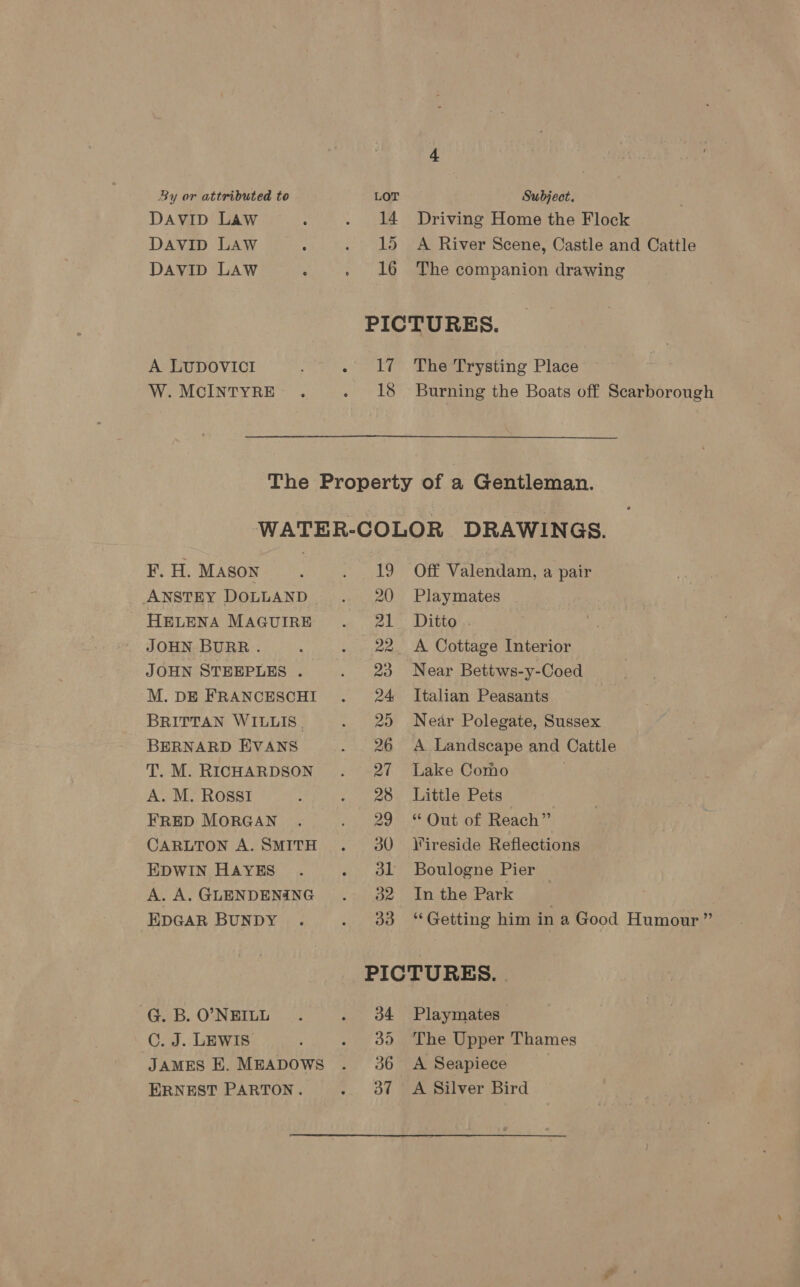 DAVID Law DAVID LAW DAVID LAW A LUDOVICI W. McINTYRE 14 15 16 Driving Home the Flock A River Scene, Castle and Cattle The companion drawing re) RY 18 The Trysting Place Burning the Boats off Scarborough F. H. MASON ANSTEY DOLLAND HELENA MAGUIRE JOHN BURR. JOHN STEEPLES . M. DE FRANCESCHI BRITTAN WILLIS. BERNARD EVANS T. M. RICHARDSON A. M. ROSSI FRED MORGAN CARLTON A. SMITH EDWIN HAYES A. A. GLENDENING EDGAR BUNDY -G. B. O’NEILL C. J. LEWIS JAMES E. MEADOWS ERNEST PARTON. 19 20 21 22 23 24 20 26 21 Off Valendam, a pair Playmates Ditto . A Cottage Interior Near Bettws-y-Coed Italian Peasants Near Polegate, Sussex A Landscape and Cattle Lake Como Little Pets * Out of Reach” \ireside Reflections Boulogne Pier In the Park Getting him in a Good Humour” 34 35 36 a” Playmates The Upper Thames A Seapiece A Silver Bird