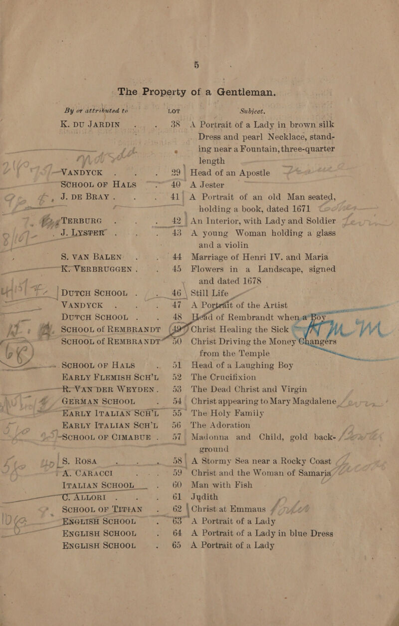 By or ittriuted sent ) K. DU JARDIN sf ¥ | = —_—n — S. VAN BALEN VANDYCK DuTCH SCHOOL EARLY FLEMISH SCH’L GERMAN SCHOOL EARLY ITALIAN SCH’L 5 _-ScHOOL OF CIMABUE &gt; . Is. ROSA A. CARACCI ITALIAN SCHOOL _ LLORI SCHOOL OF TITIAN — ENGLISH SCHOOL ENGLISH SCHOOL  64 65 Subject, A Portrait of a Lady in brown silk _ Dress and pearl Necklace, stand- ing near a Fountain, three-quarter length holding a book, dated 1671 A young Woman holding a glass and a violin Marriage of Henri IV. and Maria Flowers in a Landscape, signed and dated 1678 A Porpedit t of the Artist Hed of Rembrandt whena 50 Christ Healing the Sick Pace Christ Driving the ease from the Temple Head of a Laughing Boy The Crucifixion | The Dead Christ and Virgin Christ appearing to Mary Magdalene _  The Adoration Madonna and Child, gold back- /»” ground Man with Fish Judith , \ Christ at Emmaus ¢ | A Portrait of a Lady A Portrait of a Lady in blue Dress A Portrait of a Lady