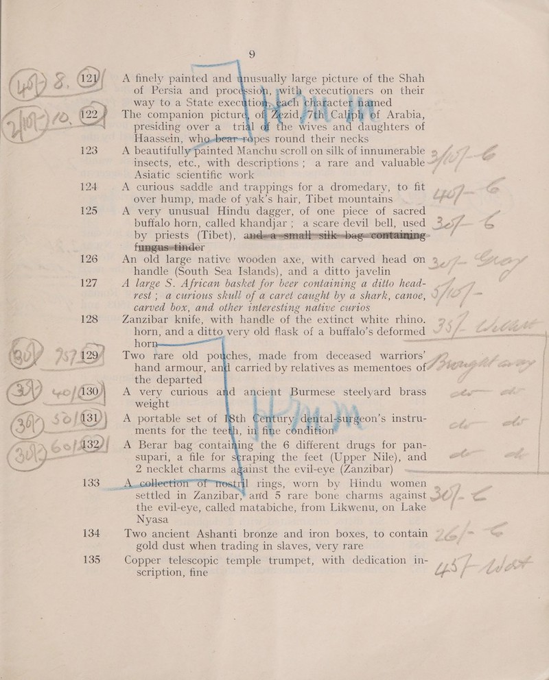 = % em oy 4 i f} + we ; Bi f | je | y 2) ey i el oa on a Fd $é) I 22 4 # \ 123 124 125 126 P27 128 a or od ) ; Pa 4 \ J é ‘i (IN olf 30] ow RA. 7h : ( D\7 \ Taal? : 13) Hi 1c7 4 y mare \, z yA 133 134 135 : pith et ba a their : a if vet aap a AP sabia, the ‘aa an WE ava of : eke round their necks  ita cere wh insects, etc., with descriptions ; Asiatic scientific work over hump, made of yak’s hair, Tibet mountains A very unusual Hindu dagger, of one piece of sacred buffalo horn, called a an ia a, (Tibet), 1ide-aosmal   An SOME Taxed madtive wooden axe, with carved head on handle (South Sea Islands), and a ditto javelin vest ; a curious skull of a caret caught by a shark, canoe, carved box, and other interesting native curios Zanzibar knife, with handle of the extinct white rhino.    weight A portable set of I ments for the teet LJ T ary. Li Meo: instru- in fine 6 Sait ast | rings, worn be caer women the evil-eye, called matabiche, from Likwenu, on Lake Nyasa gold dust when trading in slaves, very rare Copper telescopic temple trumpet, with dedication in- scription, fine